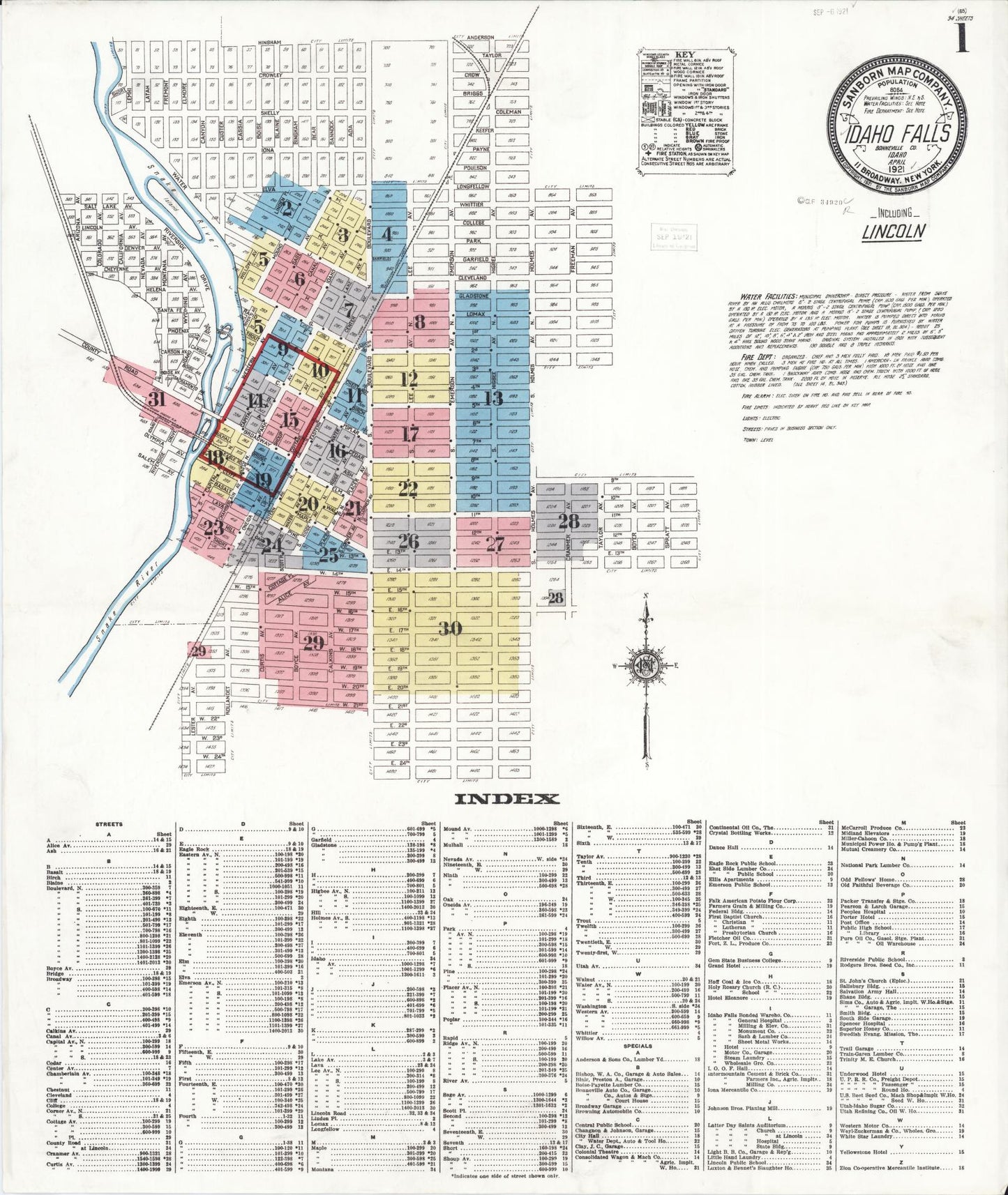 Sanborn Fire Insurance Map from Idaho Falls, Bonneville County, Idaho (1921), Sheet #0001 - Historic Sanborn Fire Insurance Map Print, vintage old map wall art, antique decor, genealogy gift, Idaho Idaho map