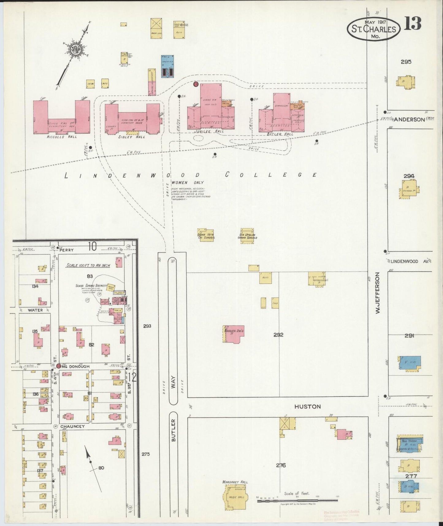 Sanborn Fire Insurance Map from Saint Charles, Saint Charles County, Missouri (1917), Sheet #0013 - Historic Sanborn Fire Insurance Map Print, vintage old map wall art, antique decor, genealogy gift, Missouri Missouri map