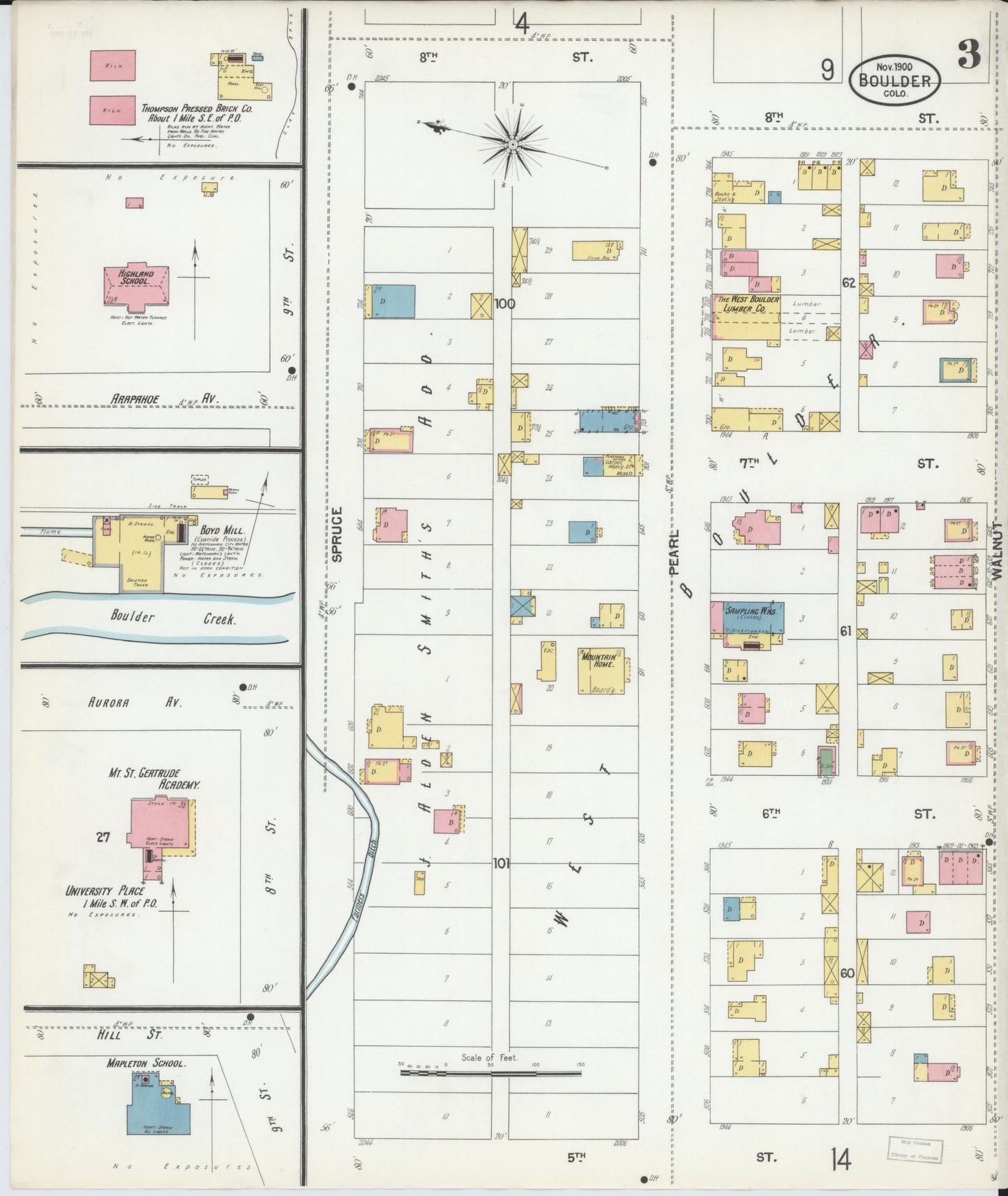 Sanborn Fire Insurance Map from Boulder, Boulder County, Colorado (1900), Sheet #0003 - Historic Sanborn Fire Insurance Map Print, vintage old map wall art, antique decor, genealogy gift, Colorado Colorado map