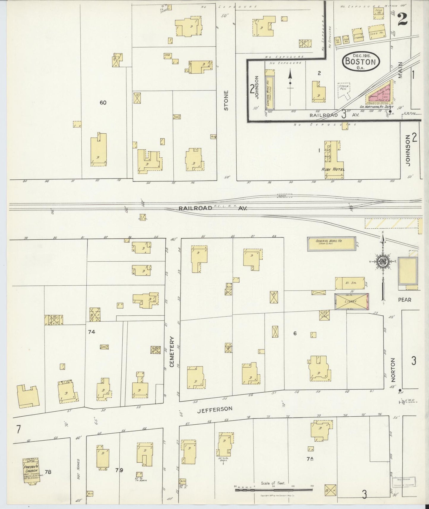 Sanborn Fire Insurance Map from Boston, Thomas County, Georgia (1916), Sheet #0002 - Historic Sanborn Fire Insurance Map Print, vintage old map wall art, antique decor, genealogy gift, Georgia Georgia map