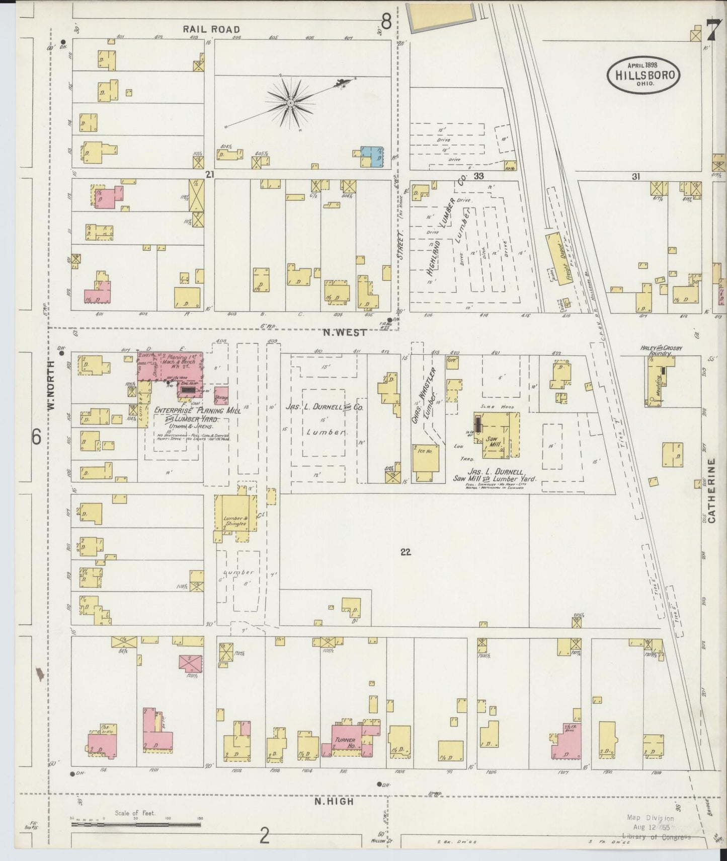 Sanborn Fire Insurance Map from Hillsboro, Highland County, Ohio (1898), Sheet #0007 - Complete Map Set gallery image, historic Sanborn map, vintage wall art, Ohio Ohio