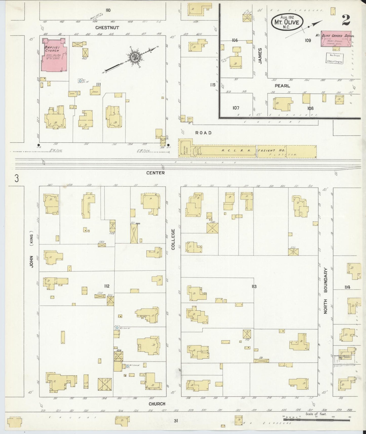 Sanborn Fire Insurance Map from Mount Olive, Wayne County, North Carolina (1912), Sheet #0002 - Historic Sanborn Fire Insurance Map Print, vintage old map wall art, antique decor, genealogy gift, North Carolina North Carolina map