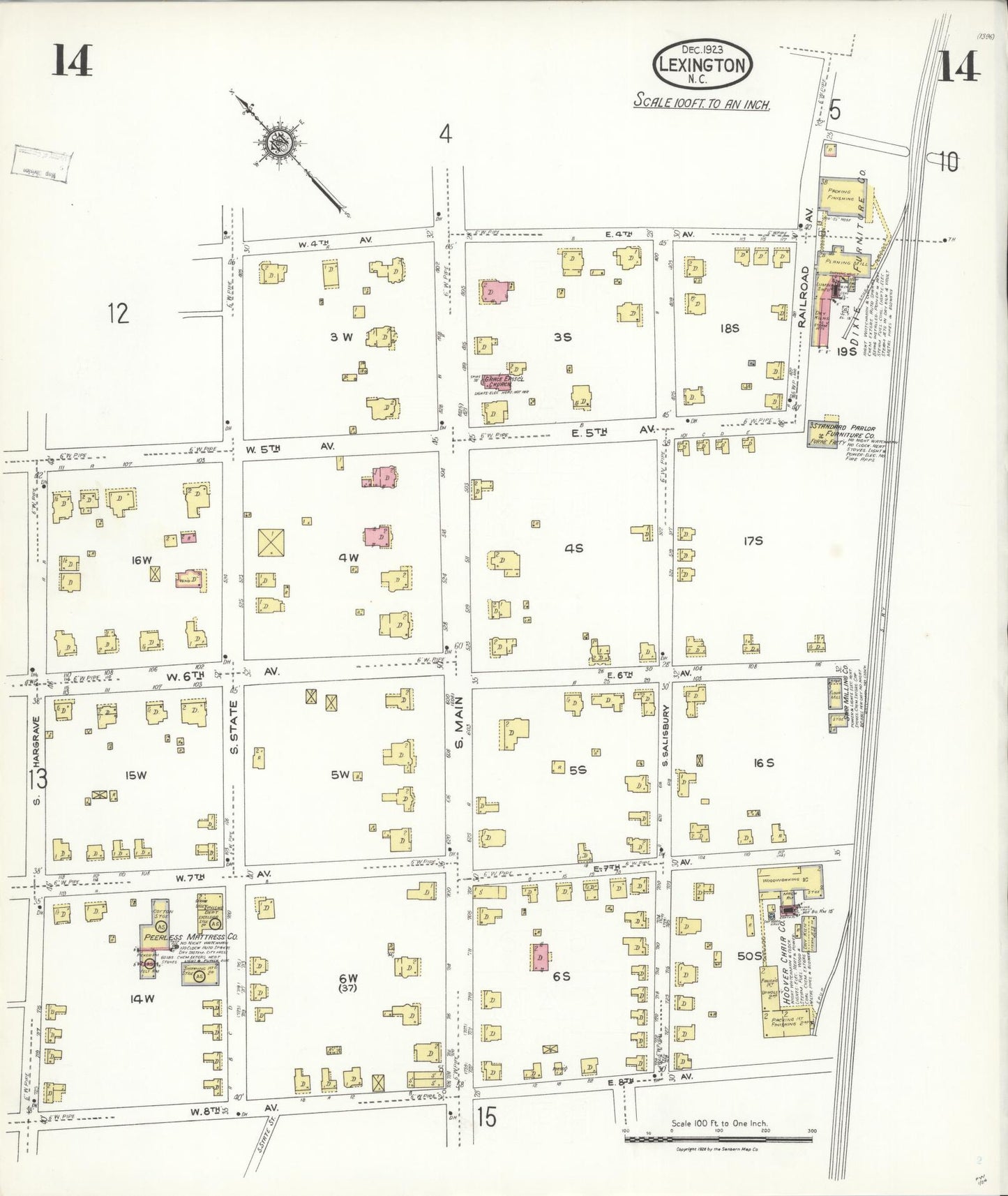 Sanborn Fire Insurance Map from Lexington, Davidson County, North Carolina (1923), Sheet #0014 - Historic Sanborn Fire Insurance Map Print, vintage old map wall art, antique decor, genealogy gift, North Carolina North Carolina map