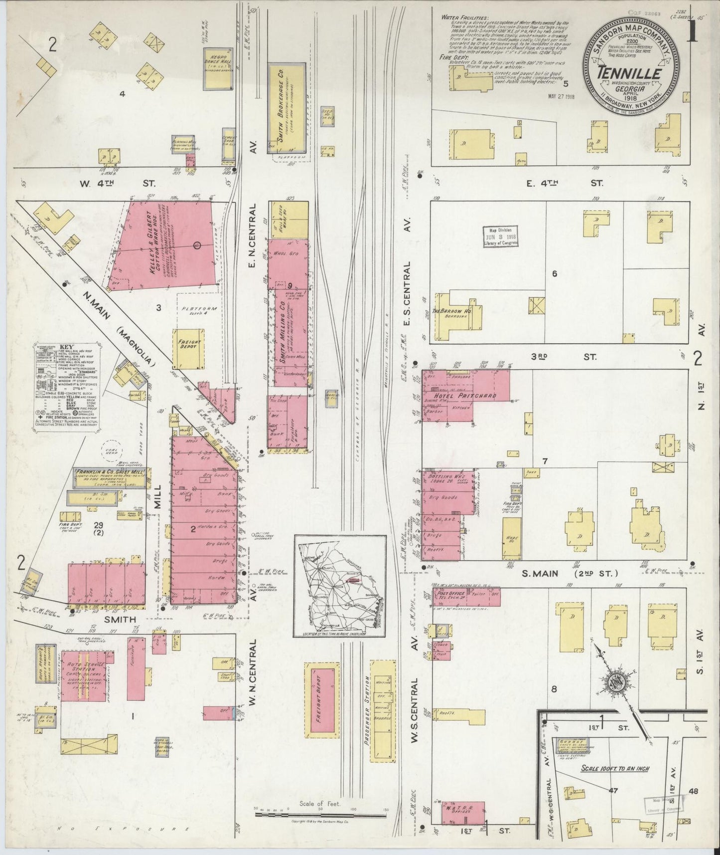 Sanborn Fire Insurance Map from Tennille, Washington County, Georgia (1918), Sheet #0001 - Historic Sanborn Fire Insurance Map Print, vintage old map wall art, antique decor, genealogy gift, Georgia Georgia map