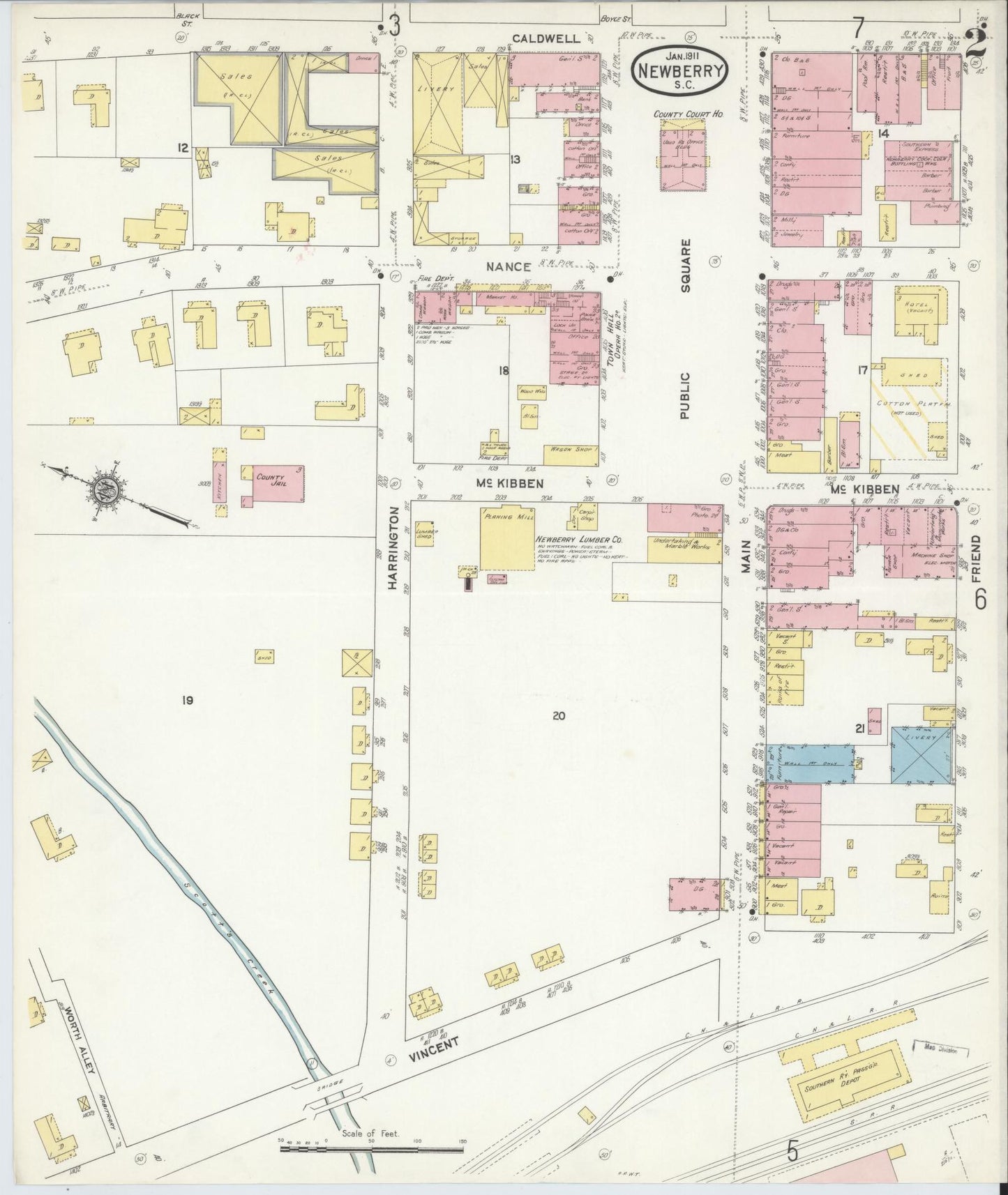 Sanborn Fire Insurance Map from Newberry, Newberry County, South Carolina (1911), Sheet #0002 - Historic Sanborn Fire Insurance Map Print, vintage old map wall art, antique decor, genealogy gift, South Carolina South Carolina map