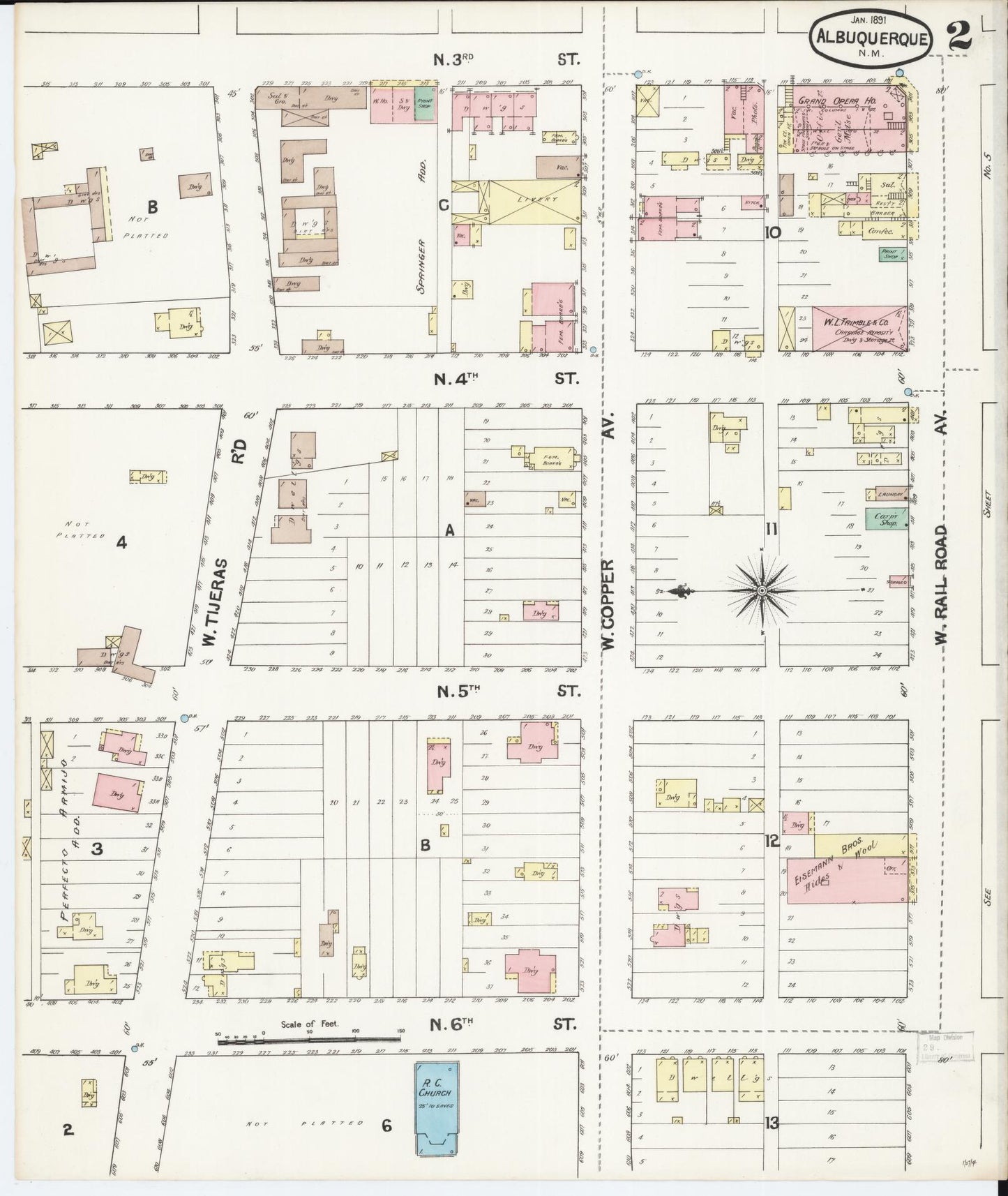 Sanborn Fire Insurance Map from Albuquerque, Bernalillo County, New Mexico (1891), Sheet #0002 - Historic Sanborn Fire Insurance Map Print, vintage old map wall art, antique decor, genealogy gift, New Mexico New Mexico map