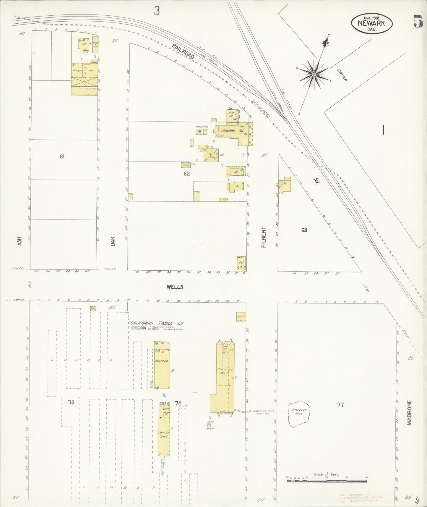 Sanborn Fire Insurance Map from Newark, Alameda County, California (1908), Sheet #0005 - Historic Sanborn Fire Insurance Map Print, vintage old map wall art, antique decor, genealogy gift, California California map