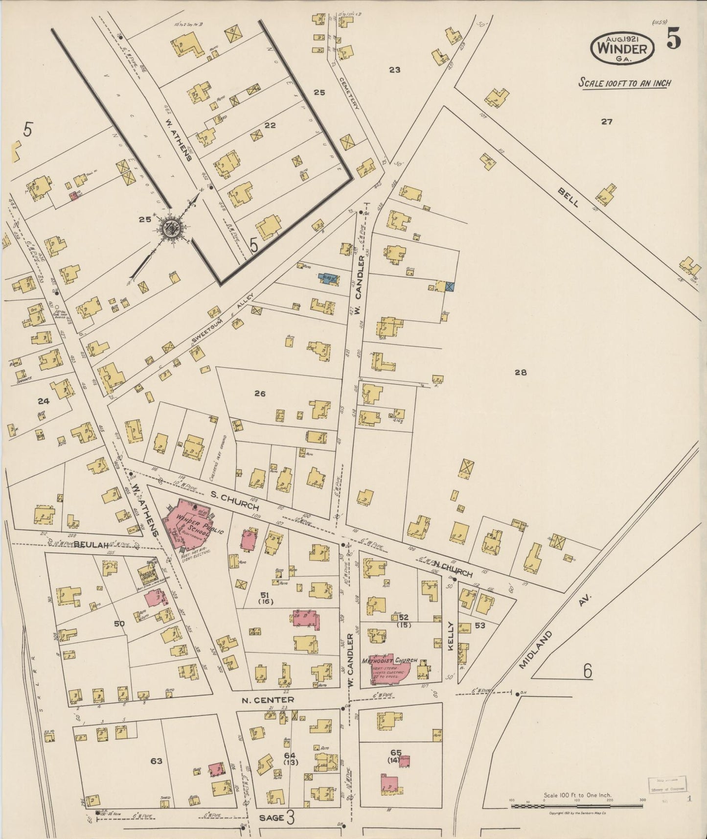 Sanborn Fire Insurance Map from Winder, Barrow County, Georgia (1921), Sheet #0005 - Historic Sanborn Fire Insurance Map Print, vintage old map wall art, antique decor, genealogy gift, Georgia Georgia map