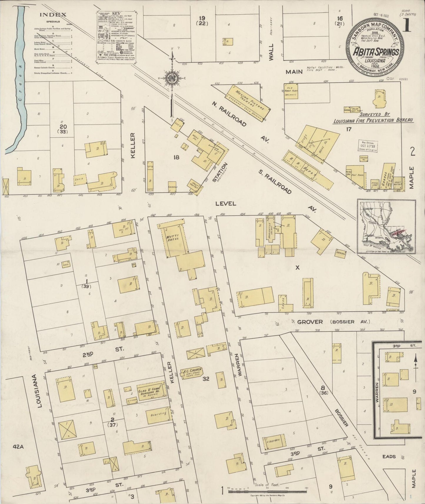 Sanborn Fire Insurance Map from Abita Springs, Saint Tammany Parish, Louisiana (1922), Sheet #0001 - Historic Sanborn Fire Insurance Map Print, vintage old map wall art, antique decor, genealogy gift, Louisiana Louisiana map
