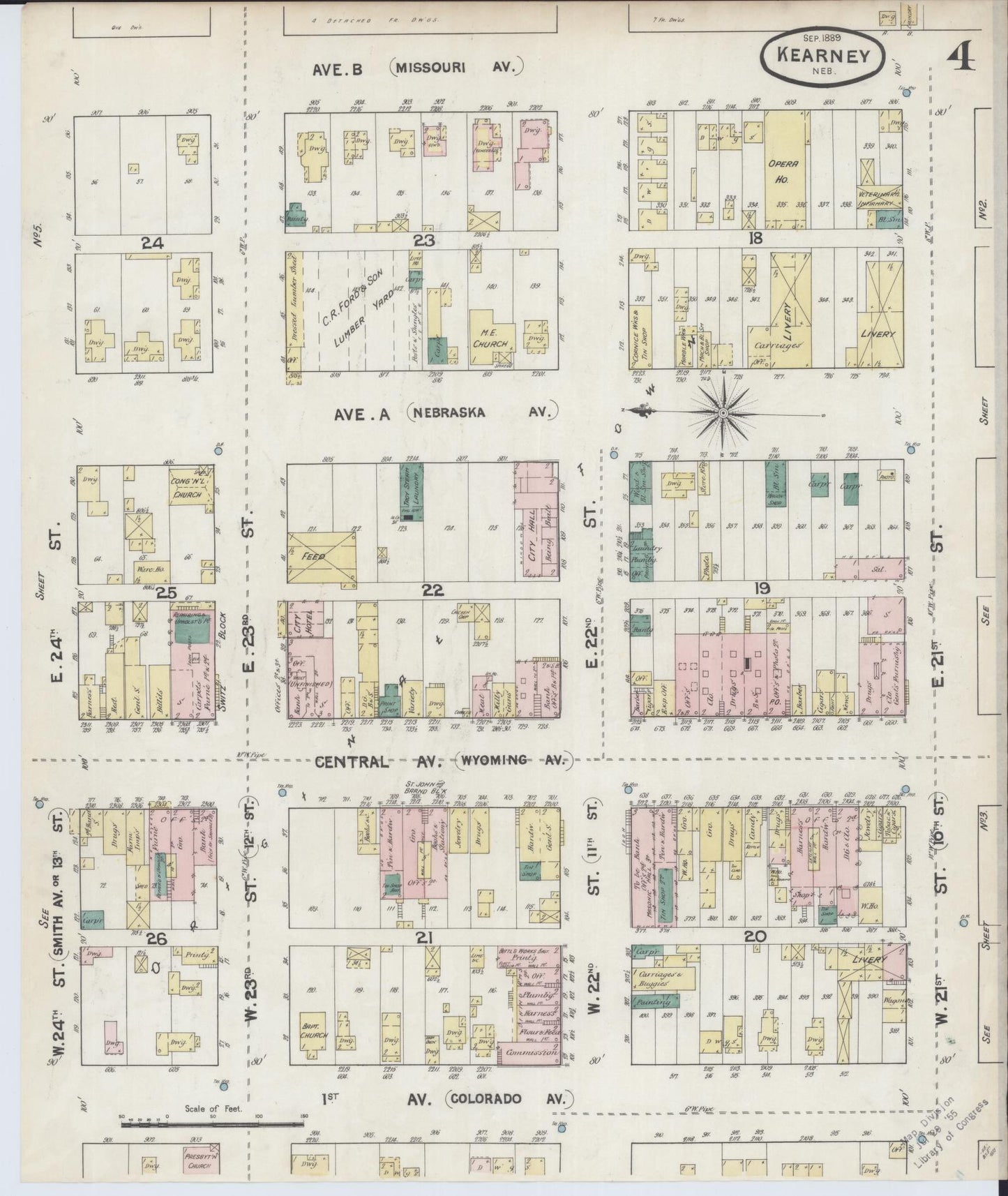 Sanborn Fire Insurance Map from Kearney, Buffalo County, Nebraska (1889), Sheet #0004 - Historic Sanborn Fire Insurance Map Print, vintage old map wall art, antique decor, genealogy gift, Nebraska Nebraska map