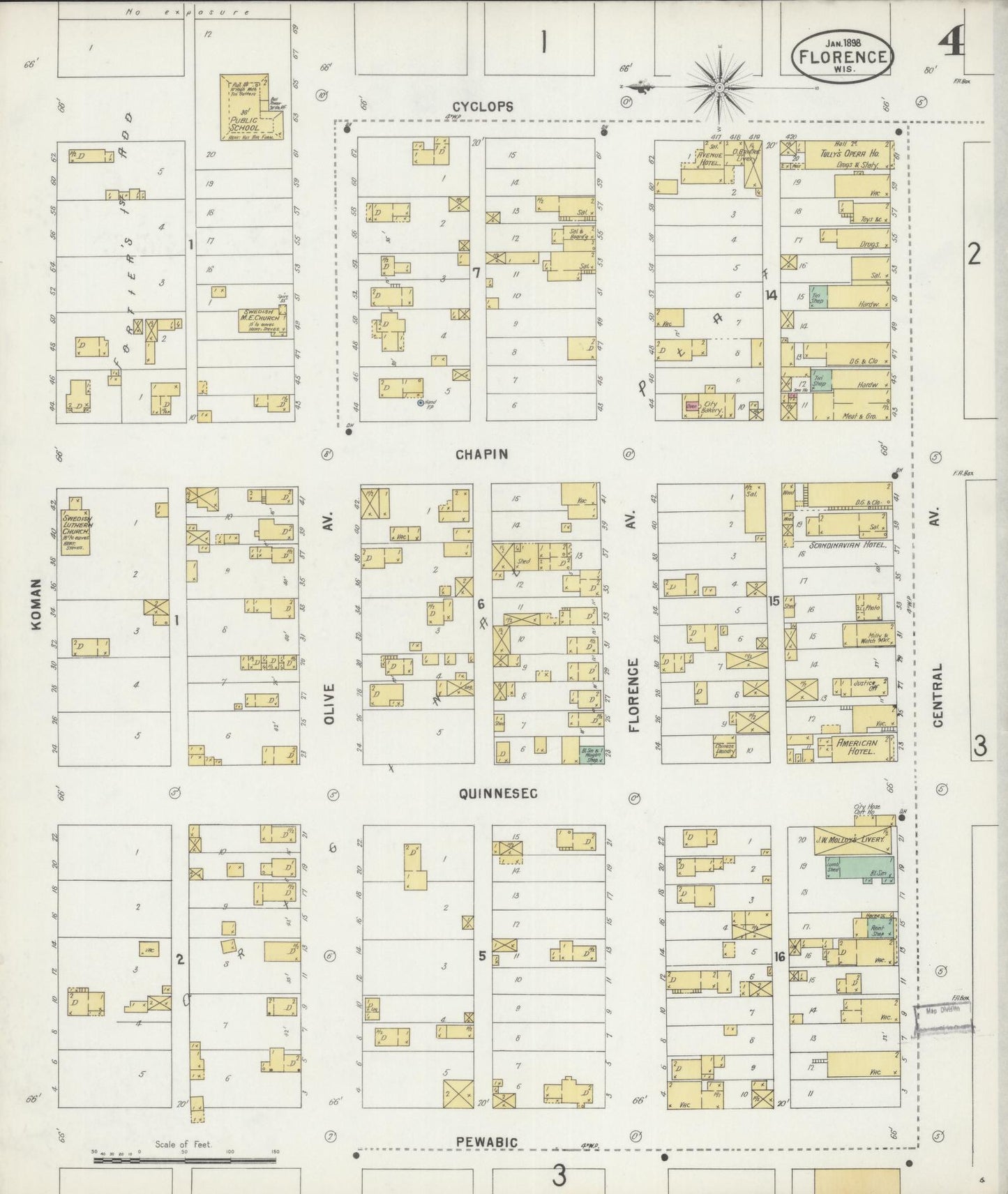 Sanborn Fire Insurance Map from Florence, Florence County, Wisconsin (1898), Sheet #0004 - Historic Sanborn Fire Insurance Map Print, vintage old map wall art, antique decor, genealogy gift, Wisconsin Wisconsin map