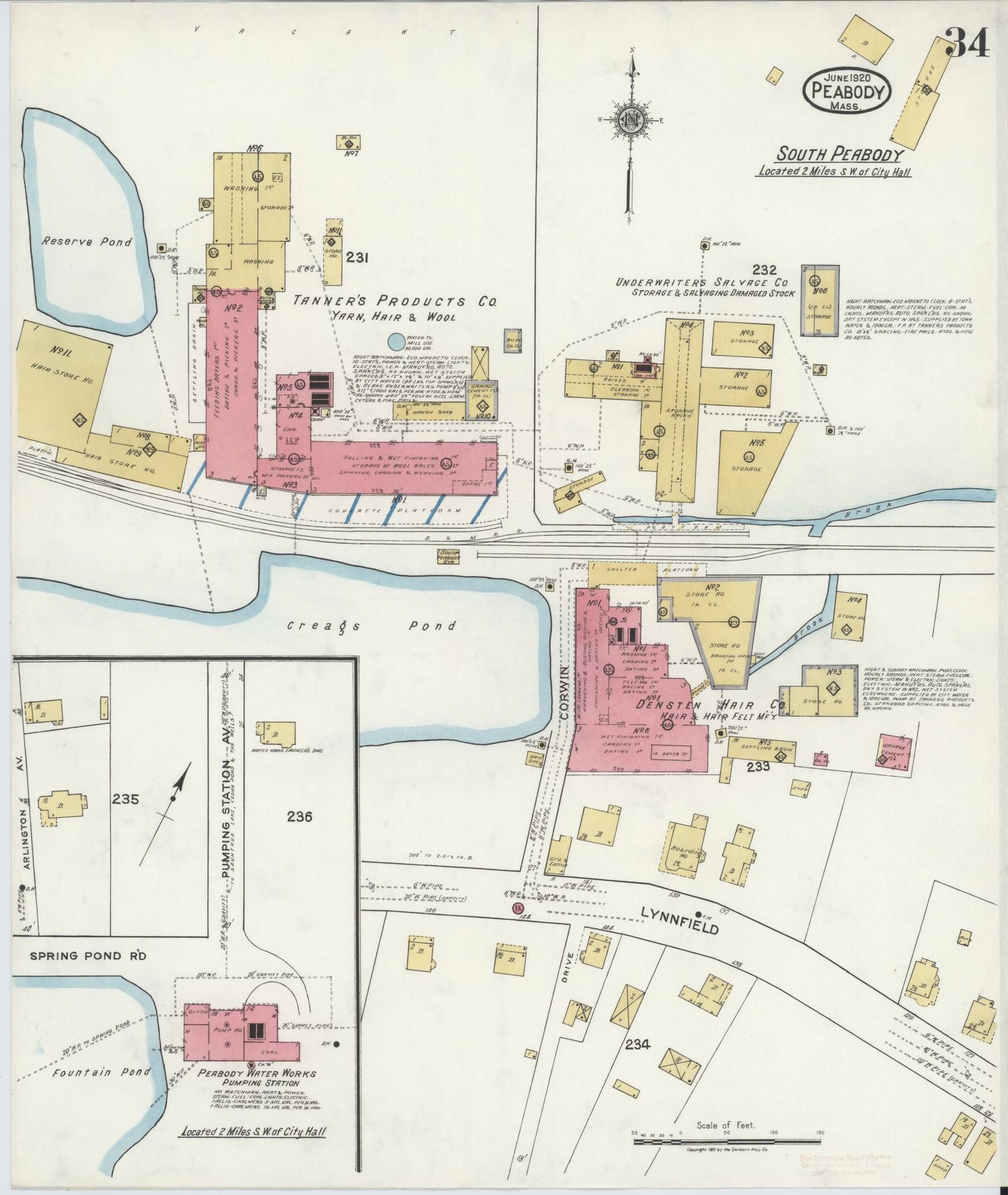 Sanborn Fire Insurance Map from Peabody, Essex County, Massachusetts (1920), Sheet #0034 - Historic Sanborn Fire Insurance Map Print, vintage old map wall art, antique decor, genealogy gift, Massachusetts Massachusetts map