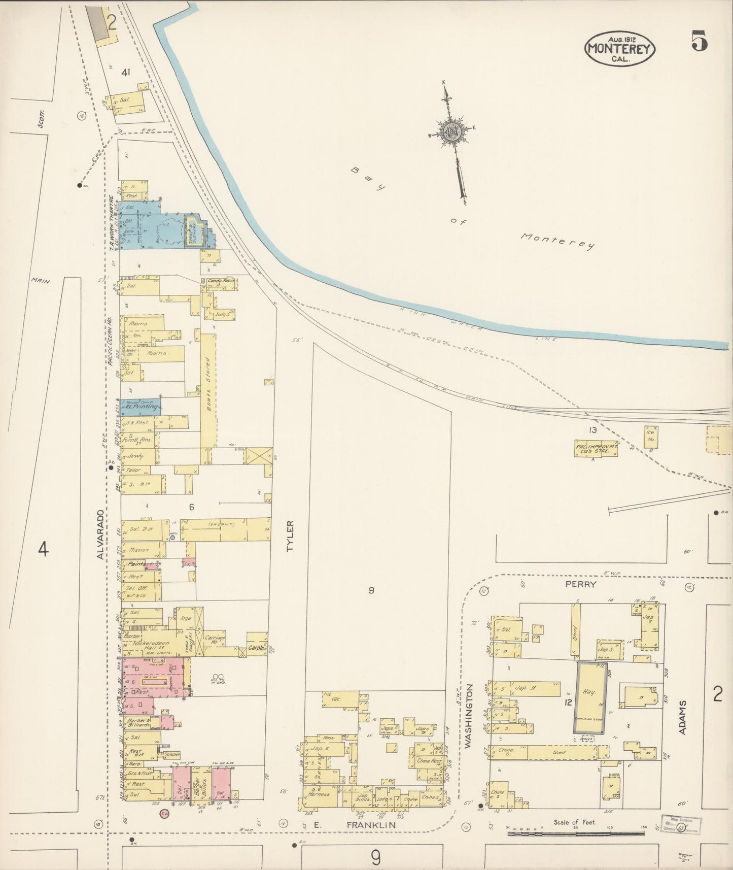 Sanborn Fire Insurance Map from Monterey, Monterey County, California (1912), Sheet #0005 - Historic Sanborn Fire Insurance Map Print, vintage old map wall art, antique decor, genealogy gift, California California map
