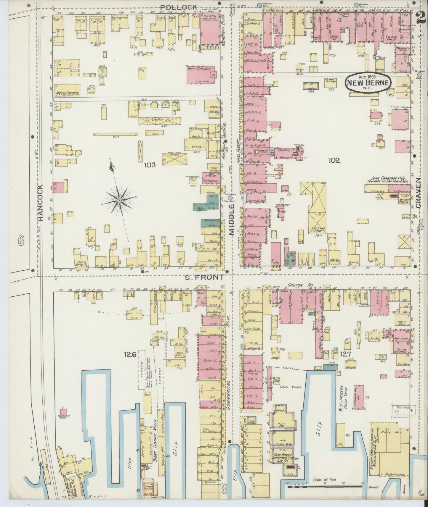 Sanborn Fire Insurance Map from New Bern, Craven County, North Carolina (1893), Sheet #0002 - Historic Sanborn Fire Insurance Map Print, vintage old map wall art, antique decor, genealogy gift, North Carolina North Carolina map