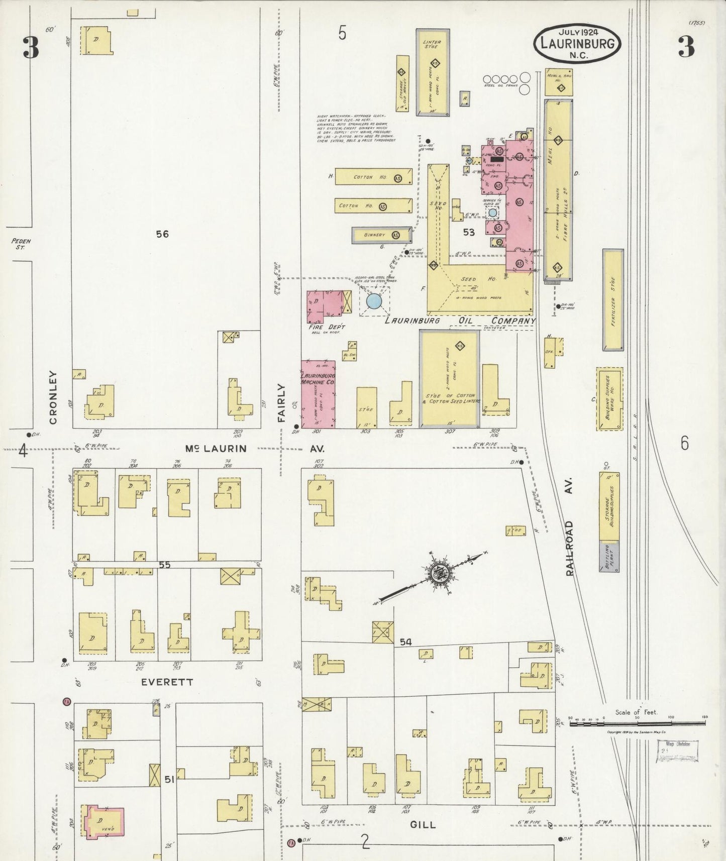 Sanborn Fire Insurance Map from Laurinburg, Scotland County, North Carolina (1924), Sheet #0003 - Historic Sanborn Fire Insurance Map Print, vintage old map wall art, antique decor, genealogy gift, North Carolina North Carolina map