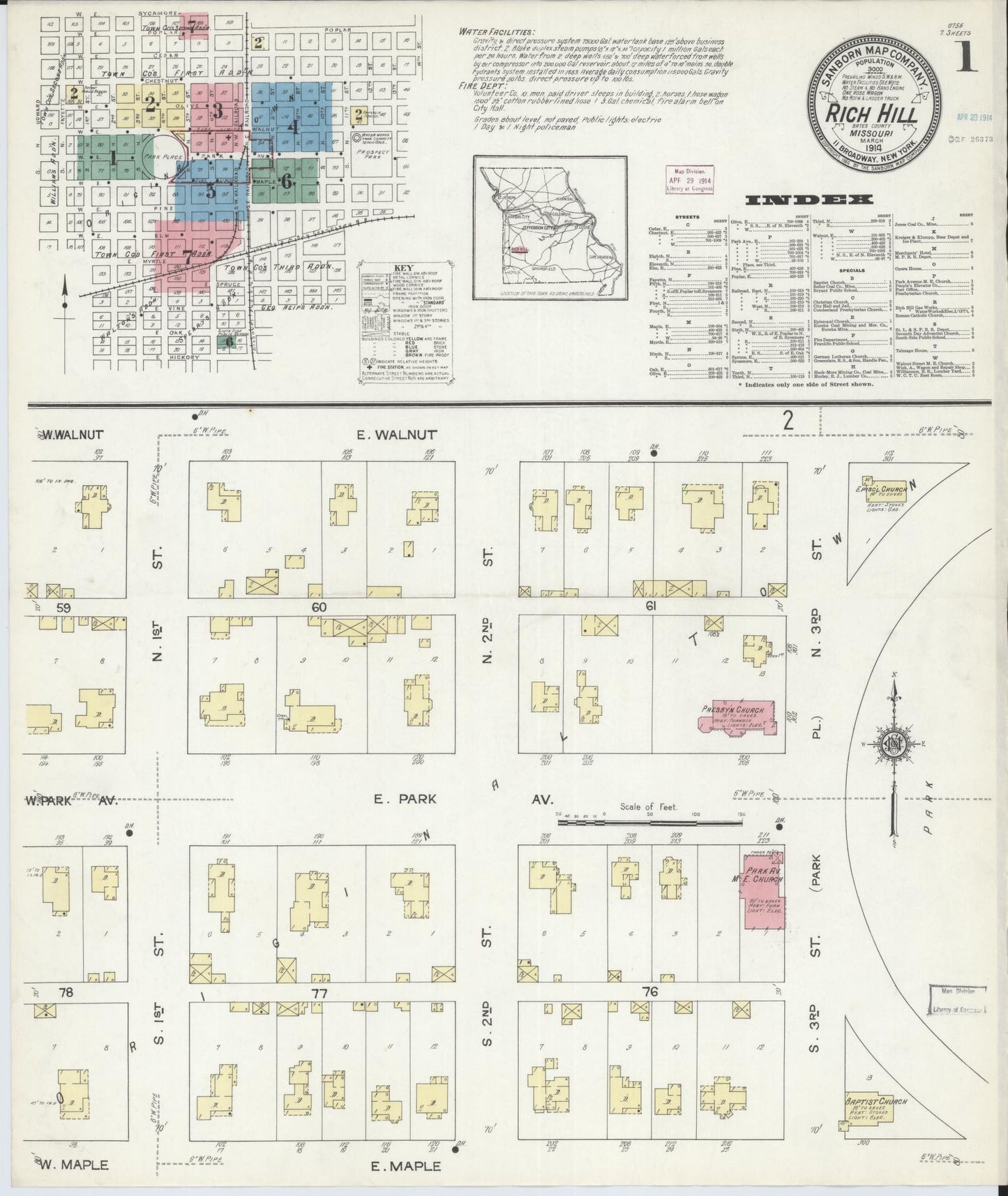 Sanborn Fire Insurance Map from Rich Hill, Bates County, Missouri (1914), Sheet #0001 - Historic Sanborn Fire Insurance Map Print, vintage old map wall art, antique decor, genealogy gift, Missouri Missouri map