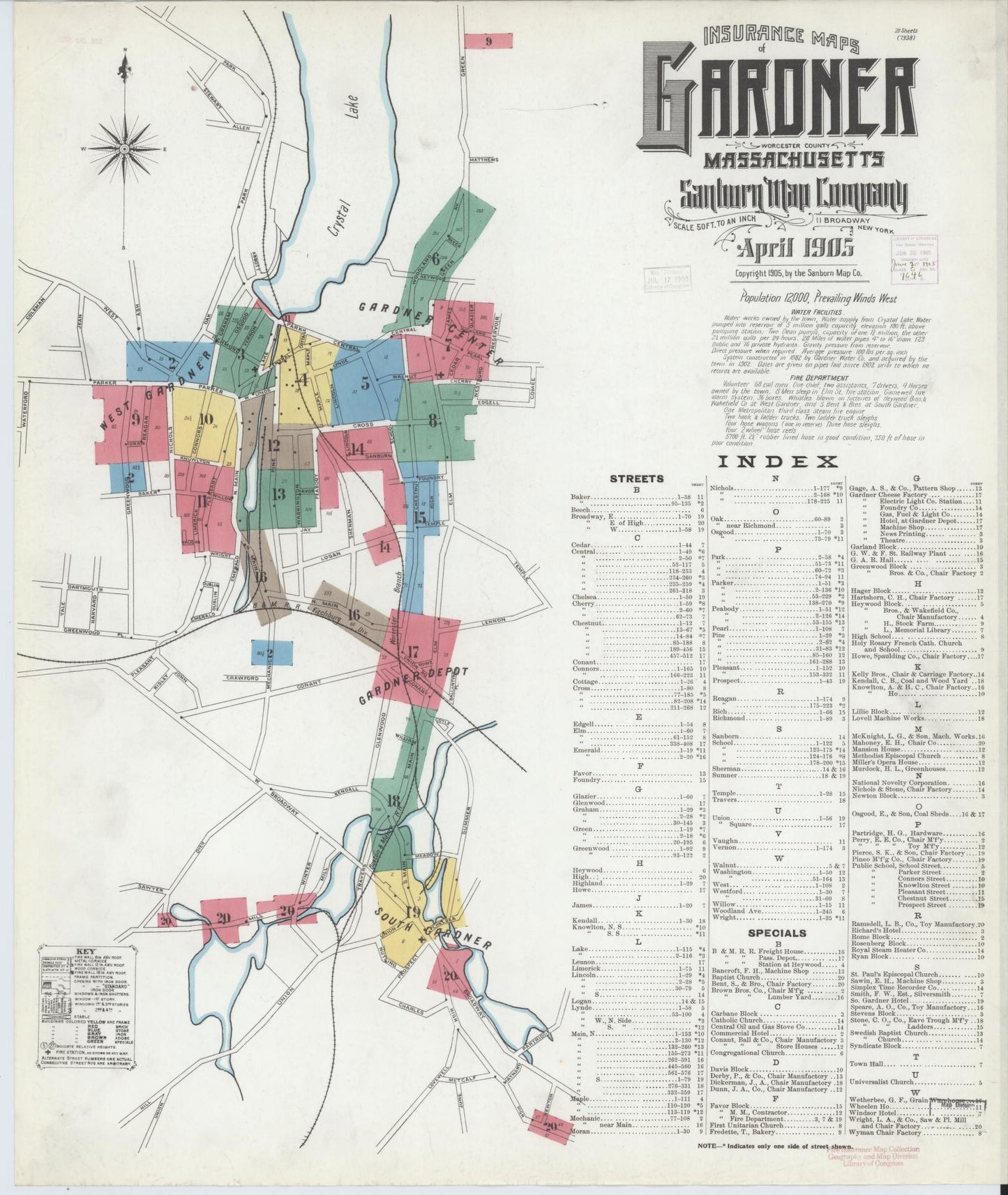 Sanborn Fire Insurance Map from Gardner, Worcester County, Massachusetts (1905), Sheet #0001 - Historic Sanborn Fire Insurance Map Print, vintage old map wall art, antique decor, genealogy gift, Massachusetts Massachusetts map
