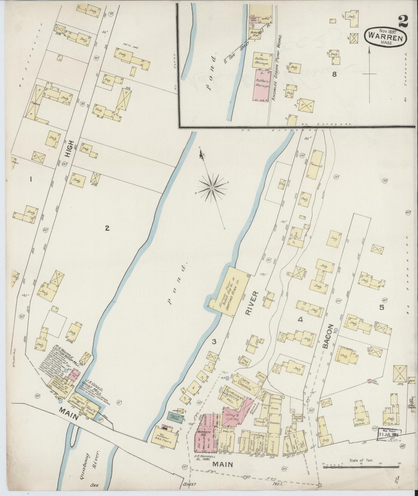 Sanborn Fire Insurance Map from Warren, Worcester County, Massachusetts (1887), Sheet #0002 - Historic Sanborn Fire Insurance Map Print, vintage old map wall art, antique decor, genealogy gift, Massachusetts Massachusetts map