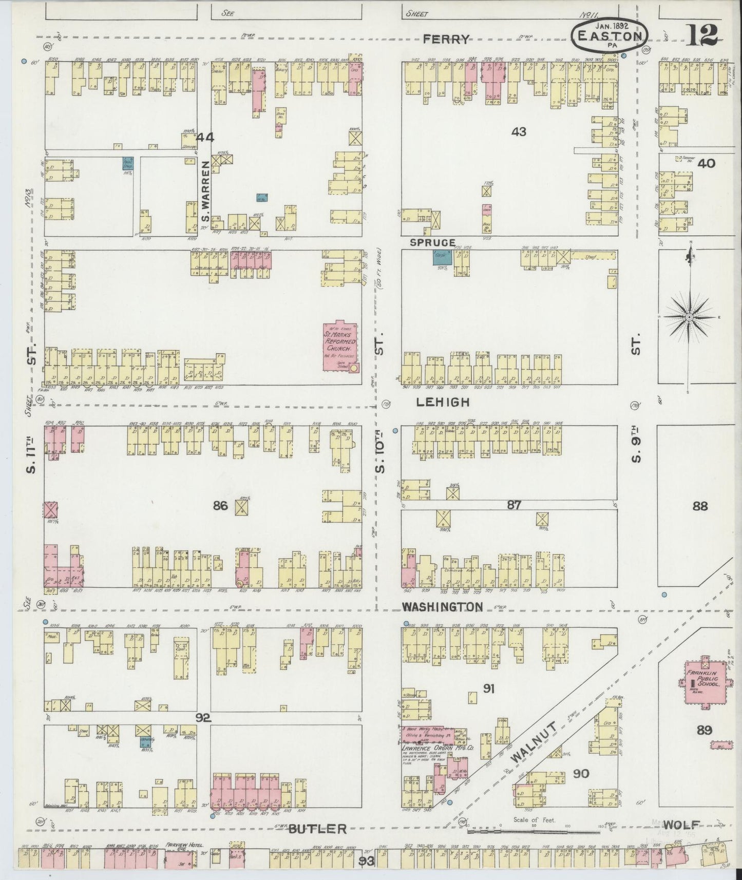 Sanborn Fire Insurance Map from Easton, Northampton County, Pennsylvania (1892), Sheet #0012 - Historic Sanborn Fire Insurance Map Print, vintage old map wall art, antique decor, genealogy gift, Pennsylvania Pennsylvania map