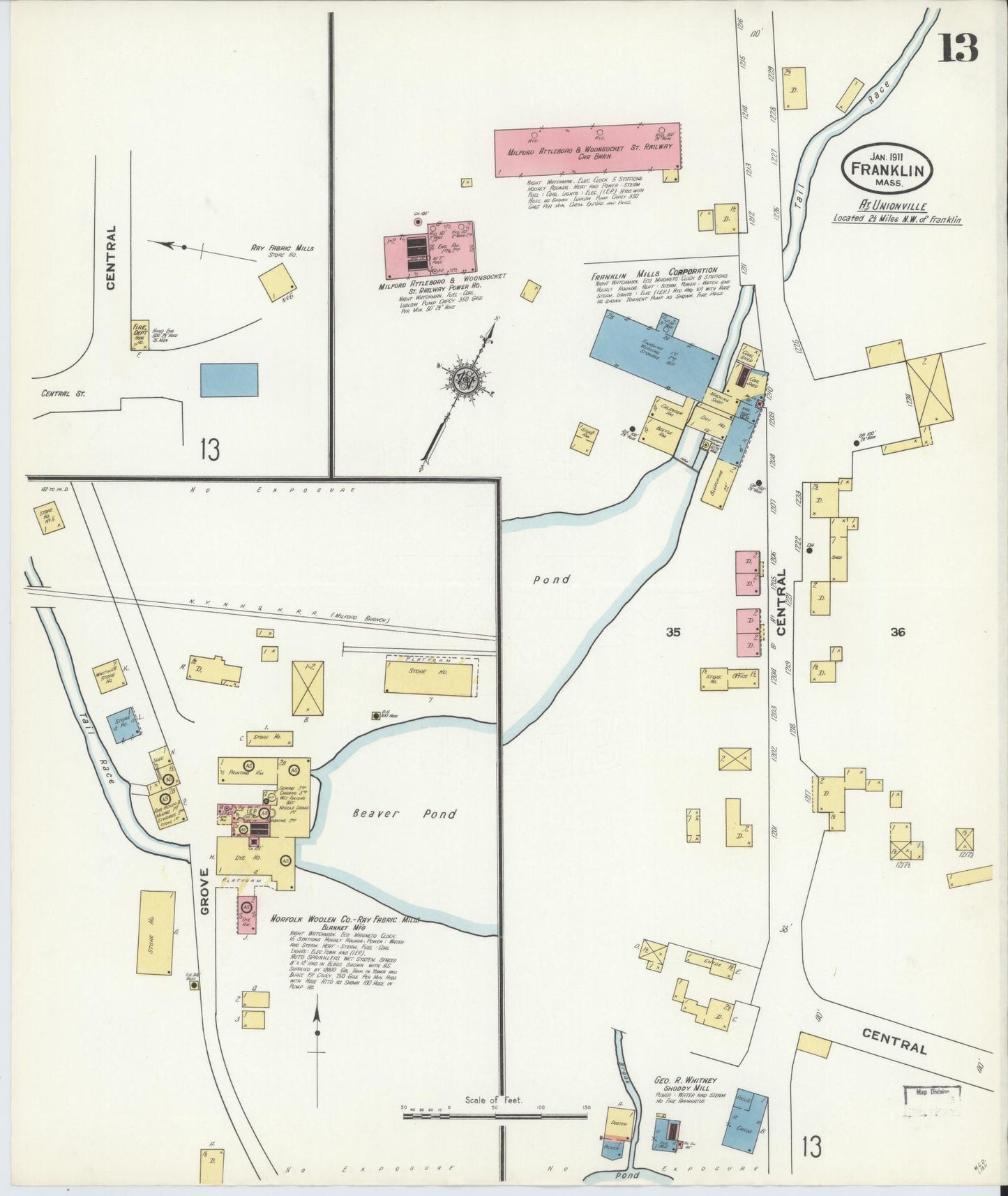Sanborn Fire Insurance Map from Franklin, Norfolk County, Massachusetts (1911), Sheet #0013 - Historic Sanborn Fire Insurance Map Print, vintage old map wall art, antique decor, genealogy gift, Massachusetts Massachusetts map