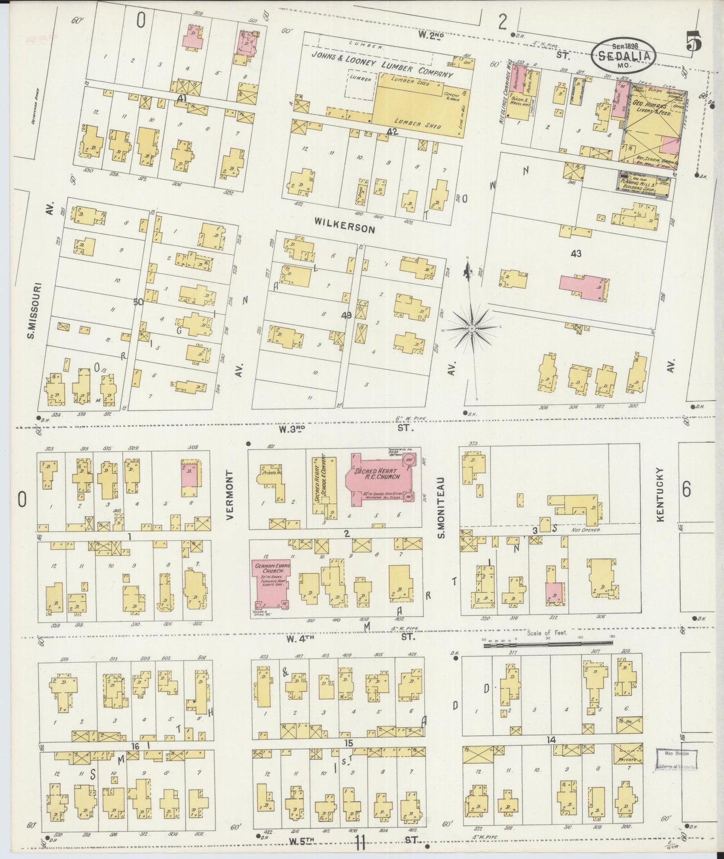 Sanborn Fire Insurance Map from Sedalia, Pettis County, Missouri (1898), Sheet #0005 - Historic Sanborn Fire Insurance Map Print, vintage old map wall art, antique decor, genealogy gift, Missouri Missouri map