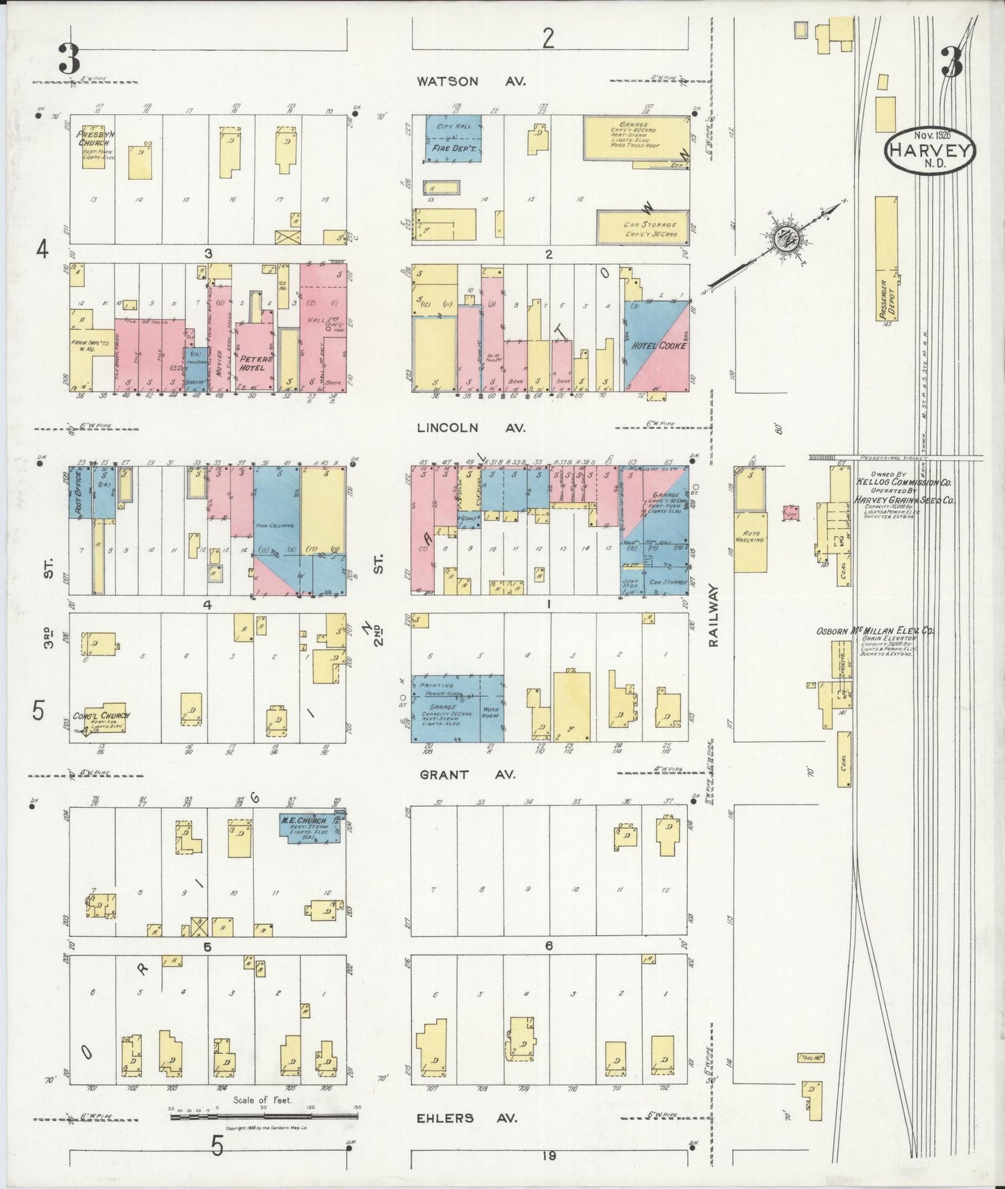 Sanborn Fire Insurance Map from Harvey, Wells County, North Dakota (1926), Sheet #0003 - Historic Sanborn Fire Insurance Map Print, vintage old map wall art, antique decor, genealogy gift, North Dakota North Dakota map