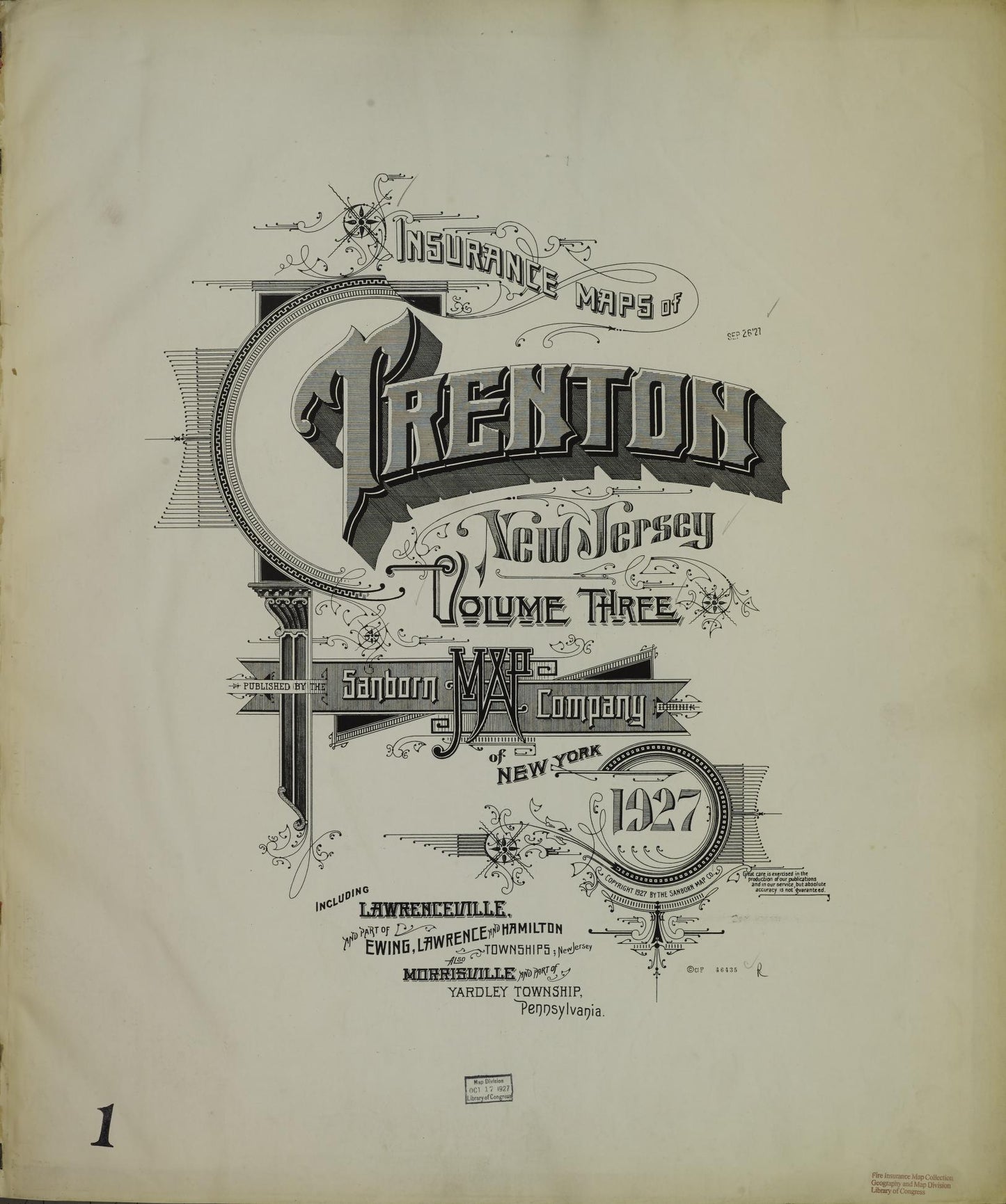 Sanborn Fire Insurance Map from Trenton, Mercer County, New Jersey (1927), Sheet #0001 - Historic Sanborn Fire Insurance Map Print, vintage old map wall art, antique decor, genealogy gift, Pennsylvania Pennsylvania map