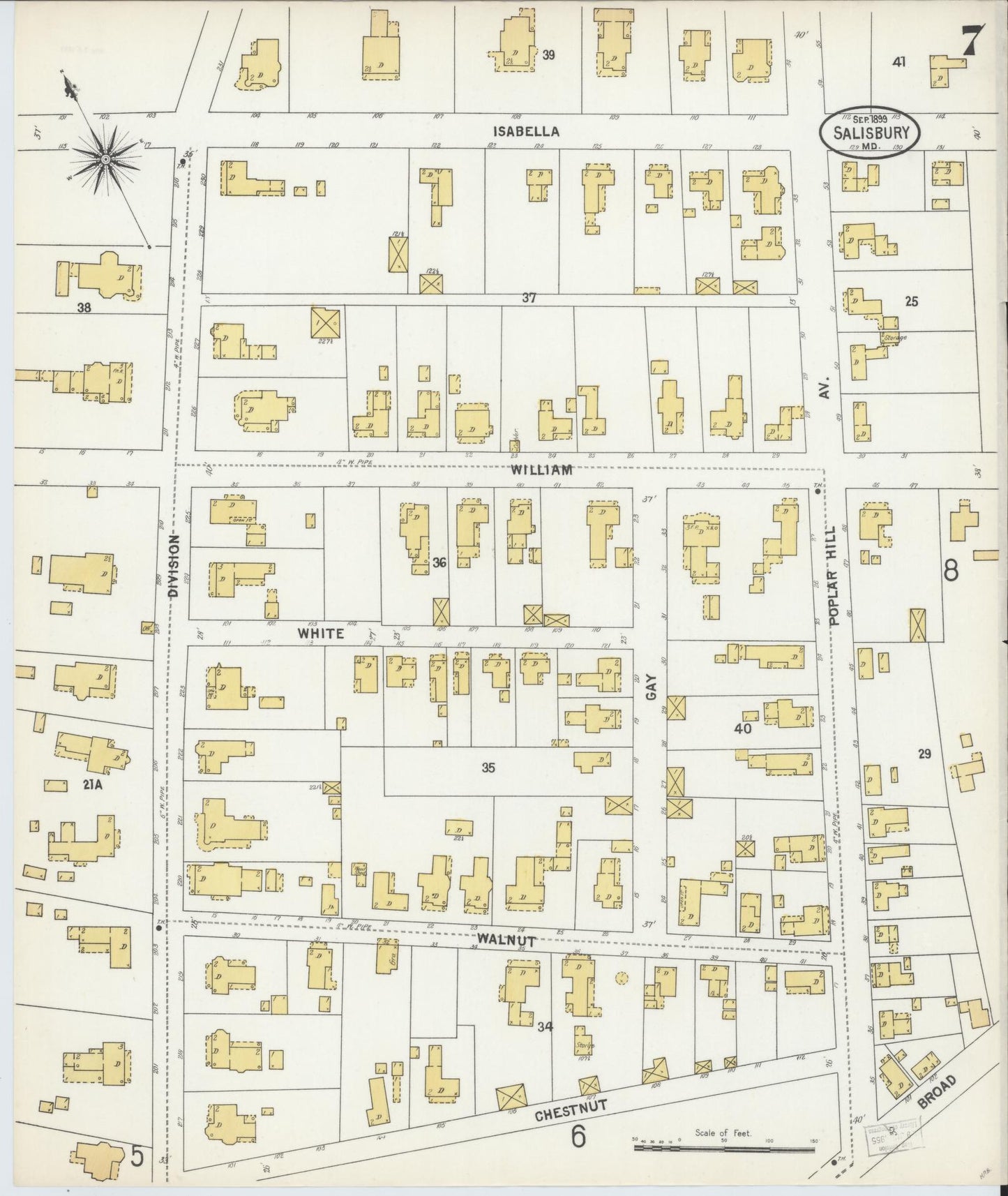 Sanborn Fire Insurance Map from Salisbury, Wicomico County, Maryland (1899), Sheet #0007 - Historic Sanborn Fire Insurance Map Print, vintage old map wall art, antique decor, genealogy gift, Maryland Maryland map