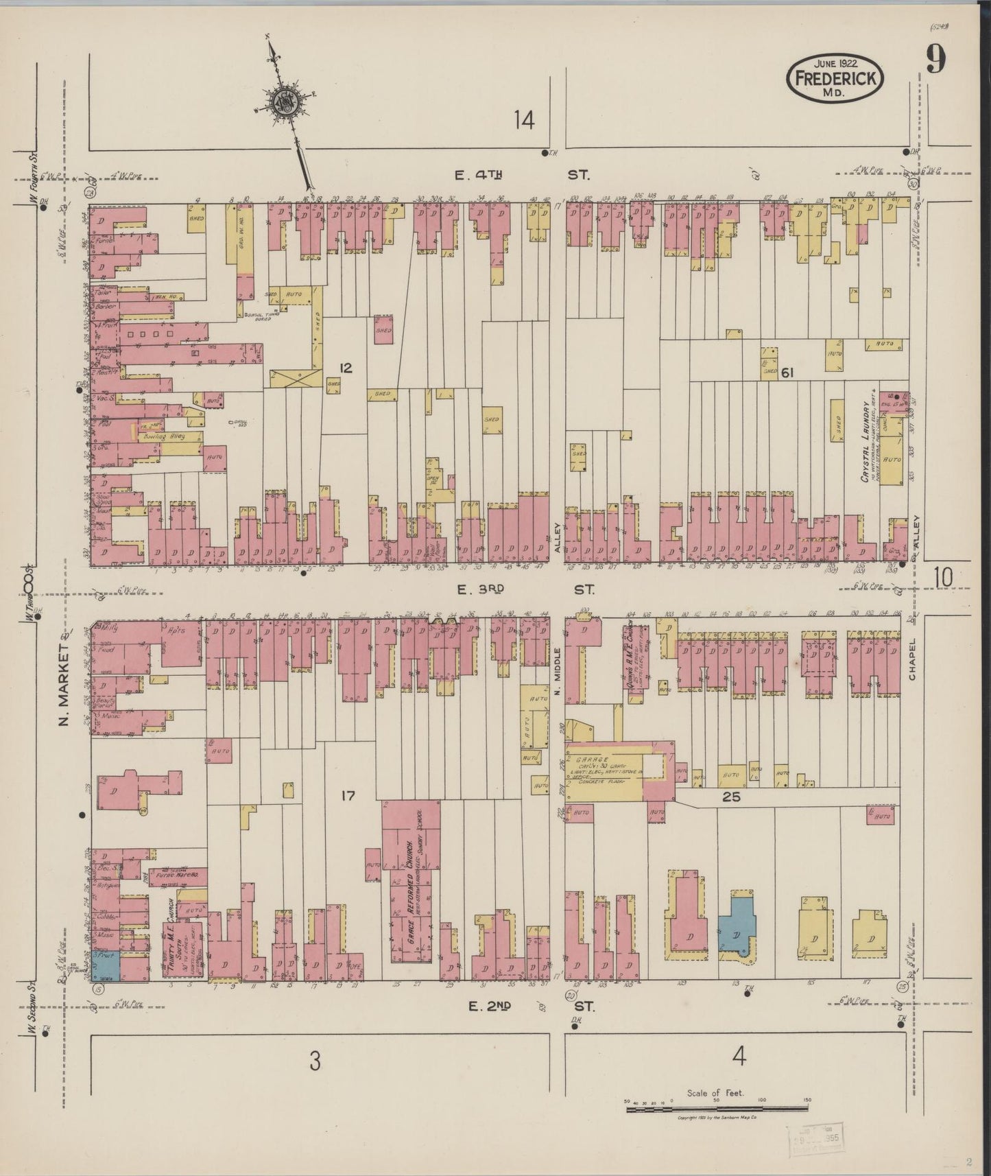 Sanborn Fire Insurance Map from Frederick, Frederick County, Maryland (1922), Sheet #0009 - Historic Sanborn Fire Insurance Map Print, vintage old map wall art