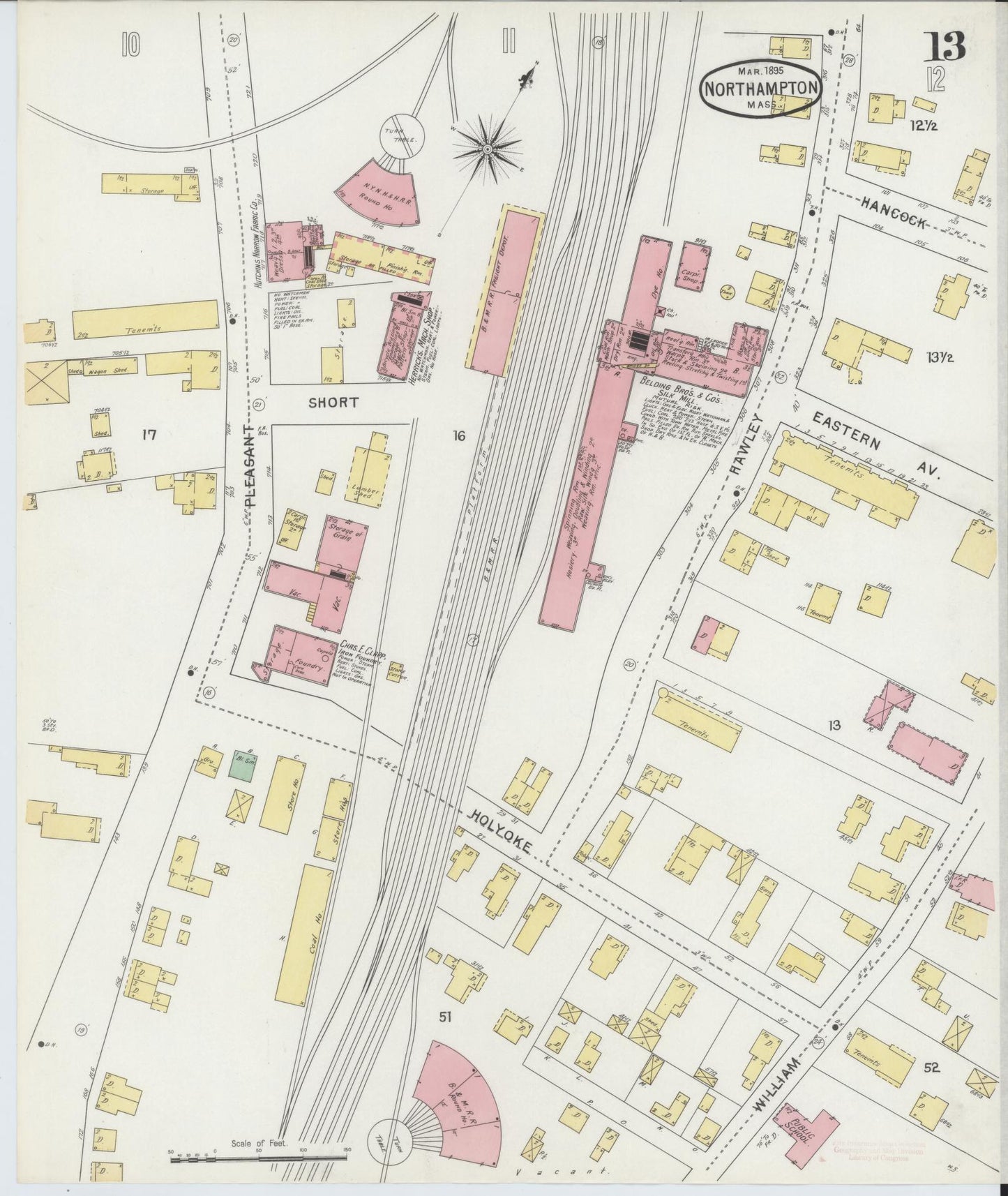 Sanborn Fire Insurance Map from Northampton, Hampshire County, Massachusetts (1895), Sheet #0013 - Historic Sanborn Fire Insurance Map Print, vintage old map wall art, antique decor, genealogy gift, Massachusetts Massachusetts map