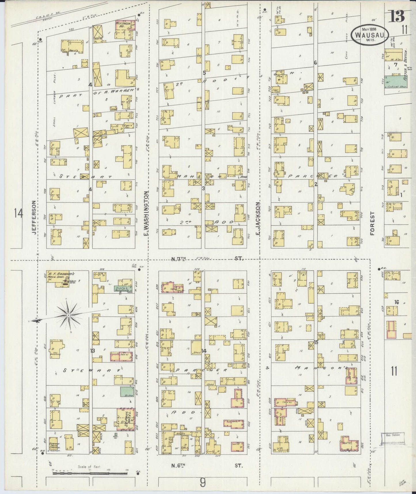 Sanborn Fire Insurance Map from Wausau, Marathon County, Wisconsin (1898), Sheet #0013 - Historic Sanborn Fire Insurance Map Print, vintage old map wall art, antique decor, genealogy gift, Wisconsin Wisconsin map