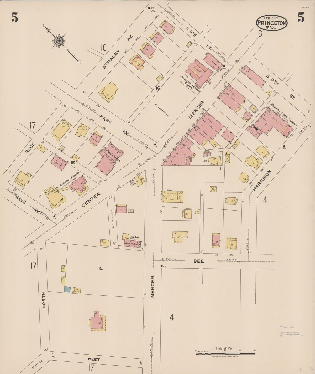 Sanborn Fire Insurance Map from Princeton, Mercer County, West Virginia (1923), Sheet #0005 - Historic Sanborn Fire Insurance Map Print, vintage old map wall art, antique decor, genealogy gift, West Virginia West Virginia map