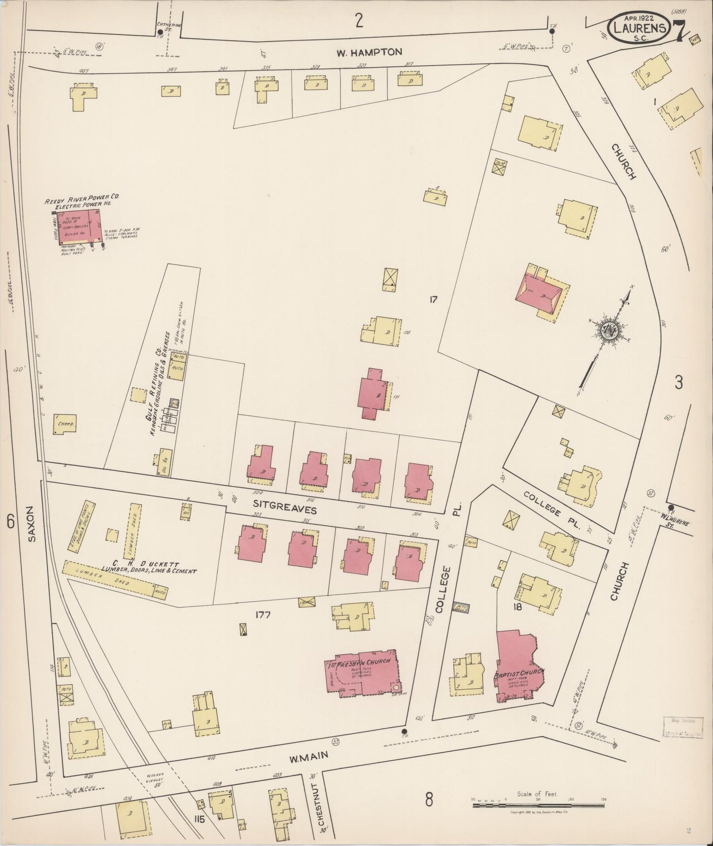 Sanborn Fire Insurance Map from Laurens, Laurens County, South Carolina (1922), Sheet #0007 - Historic Sanborn Fire Insurance Map Print, vintage old map wall art, antique decor, genealogy gift, South Carolina South Carolina map