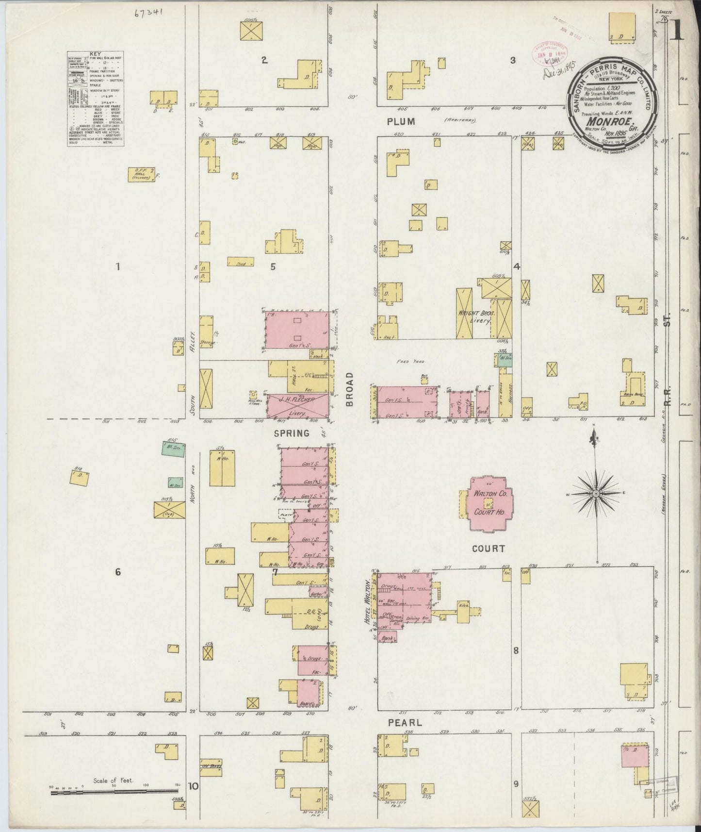 Sanborn Fire Insurance Map from Monroe, Walton County, Georgia (1895), Sheet #0001 - Historic Sanborn Fire Insurance Map Print, vintage old map wall art, antique decor, genealogy gift, Georgia Georgia map