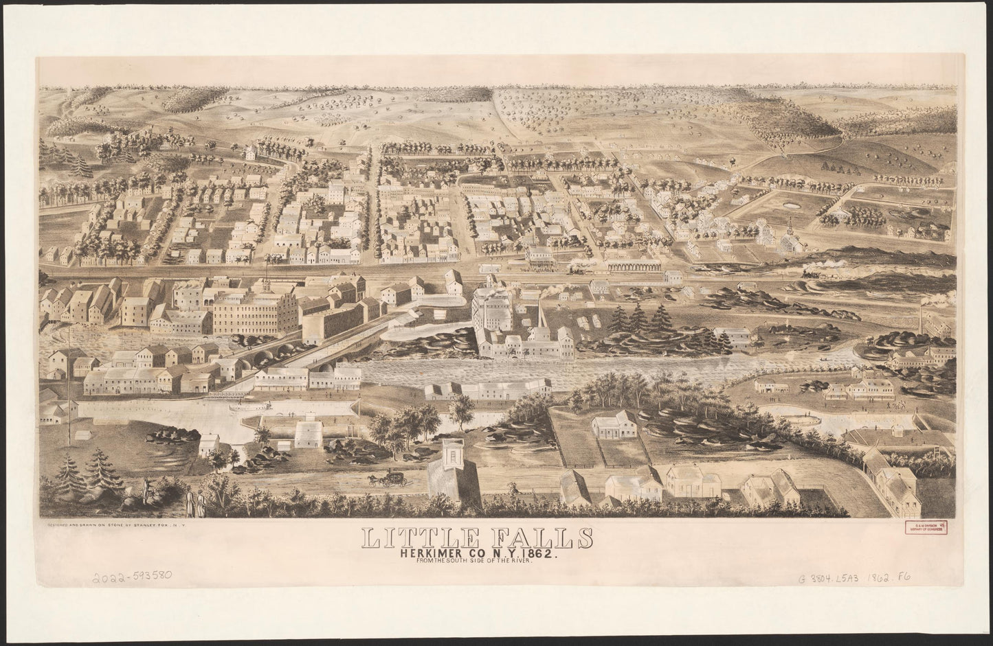 Little Falls, Herkimer Co N.Y. 1862 : from south side of the river (1862) – Historic Bird’s-Eye View Panorama Print