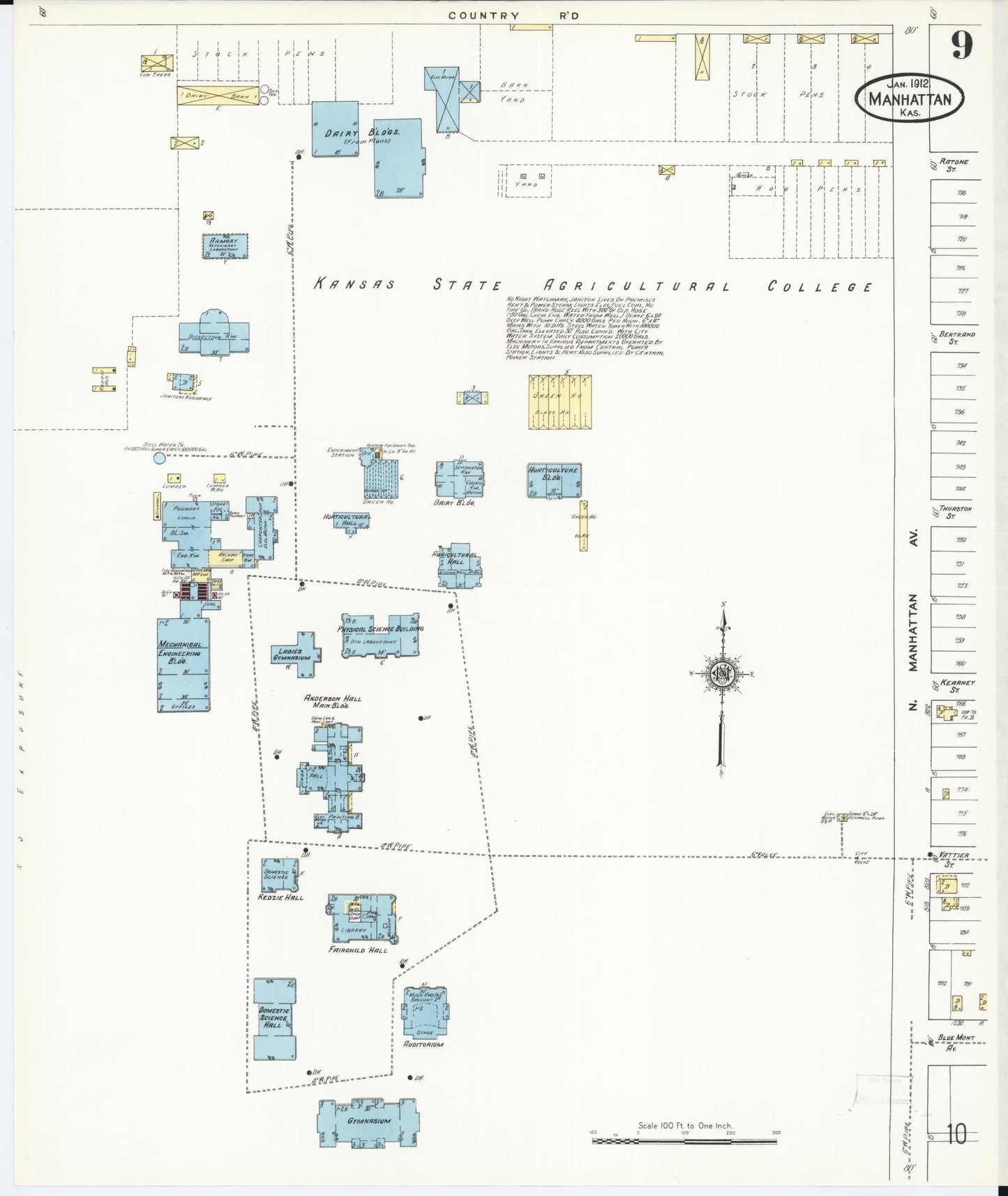 Sanborn Fire Insurance Map from Manhattan, Riley County, Kansas (1912), Sheet #0009 - Historic Sanborn Fire Insurance Map Print, vintage old map wall art, antique decor, genealogy gift, Kansas Kansas map