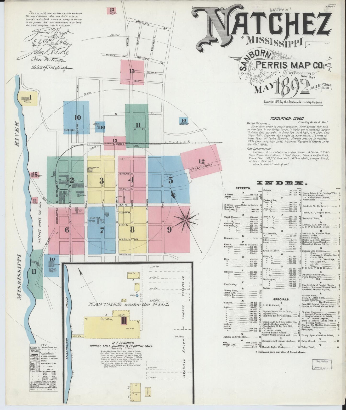 Sanborn Fire Insurance Map from Natchez, Adams County, Mississippi (1892), Sheet #0001 - Historic Sanborn Fire Insurance Map Print, vintage old map wall art, antique decor, genealogy gift, Mississippi Mississippi map