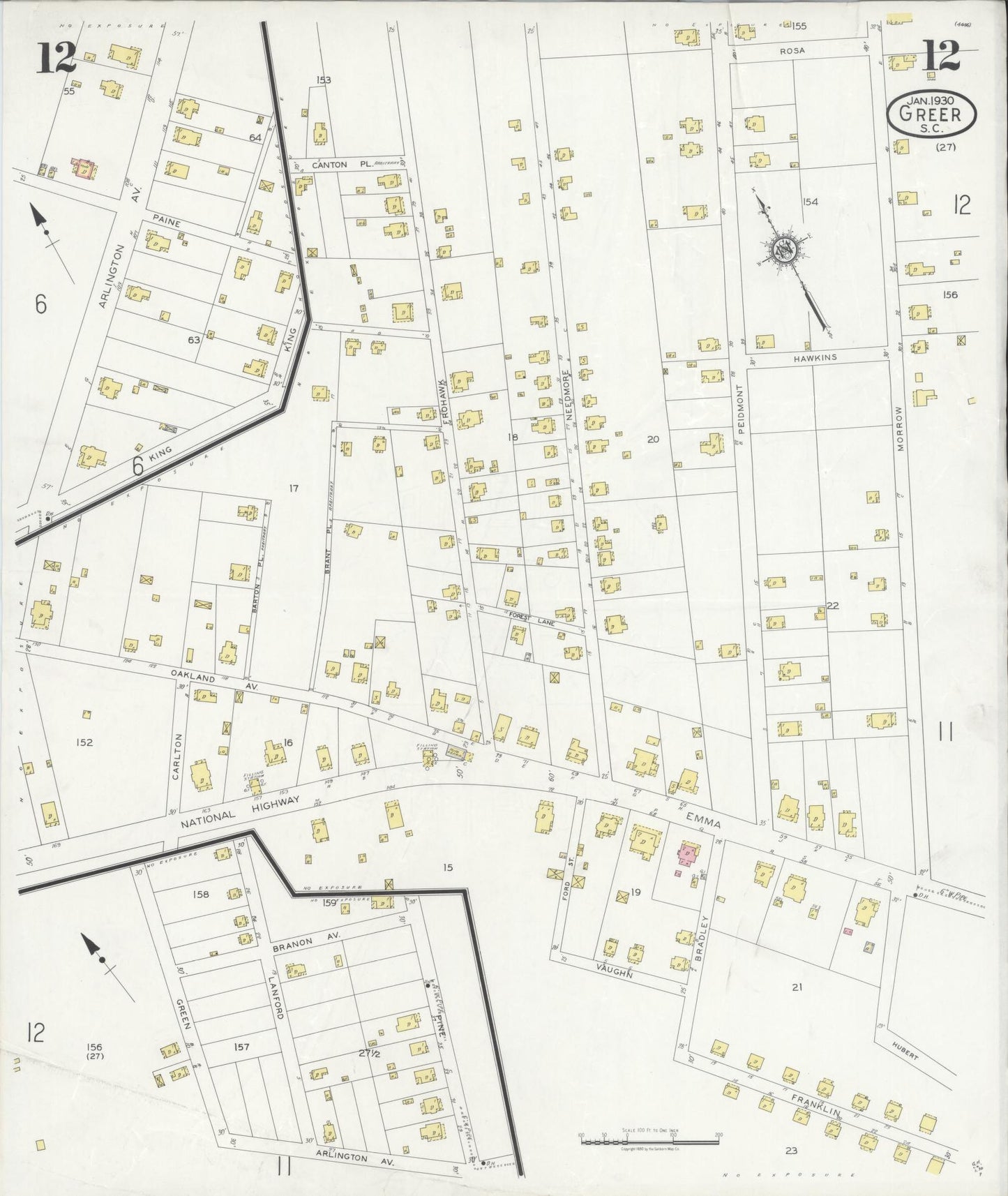 Sanborn Fire Insurance Map from Greer, Greenville and Spartanburg Counties, South Carolina (1930), Sheet #0012 - Complete Map Set gallery image, historic Sanborn map, vintage wall art, South Carolina South Carolina