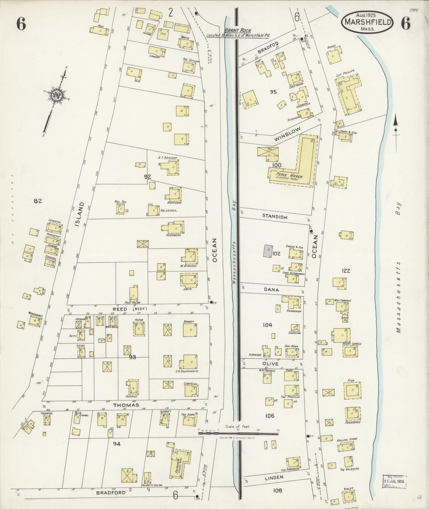 Sanborn Fire Insurance Map from Marshfield, Plymouth County, Massachusetts (1925), Sheet #0006 - Historic Sanborn Fire Insurance Map Print, vintage old map wall art, antique decor, genealogy gift, Massachusetts Massachusetts map