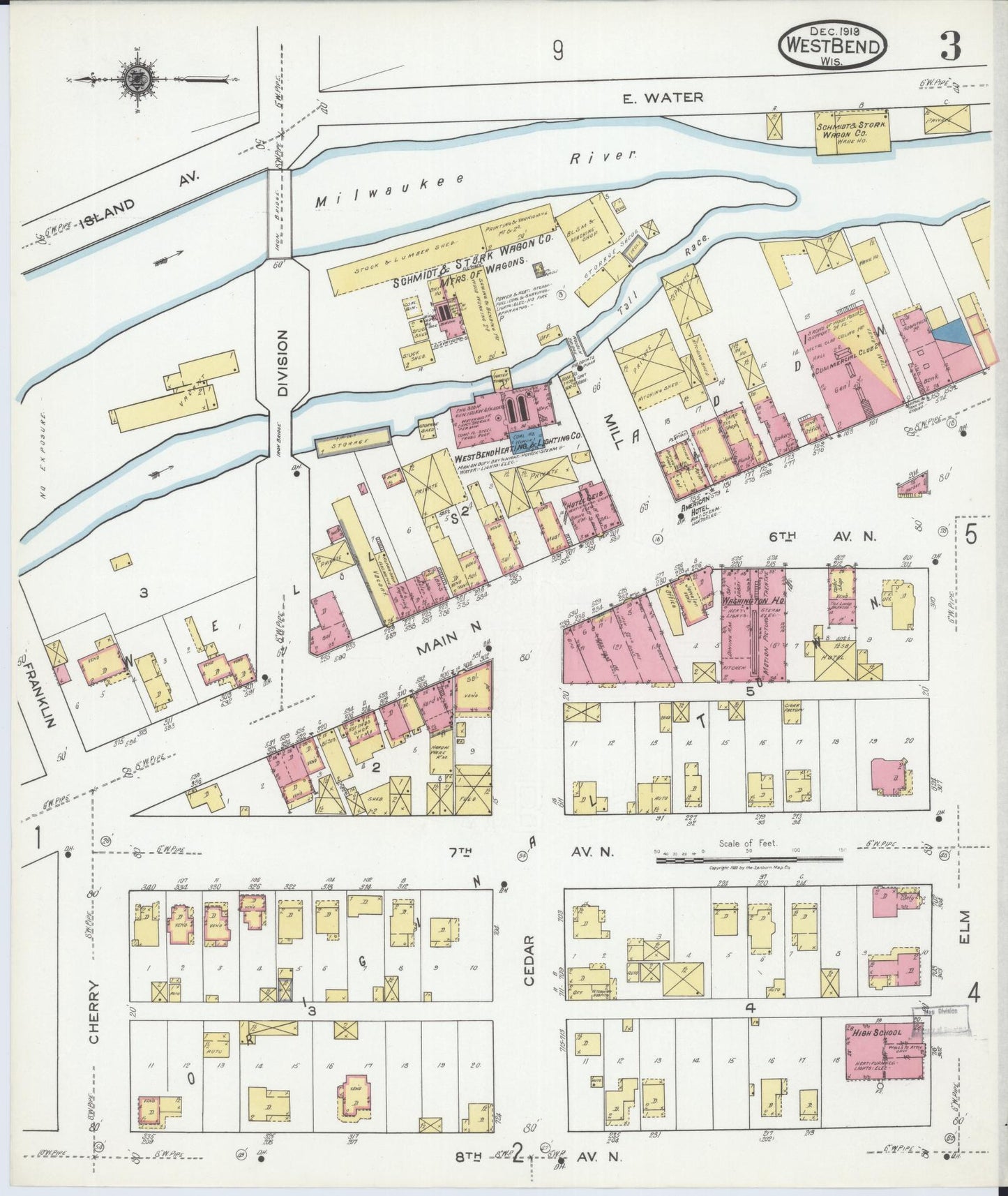 Sanborn Fire Insurance Map from West Bend, Washington County, Wisconsin (1919), Sheet #0003 - Historic Sanborn Fire Insurance Map Print, vintage old map wall art, antique decor, genealogy gift, Wisconsin Wisconsin map