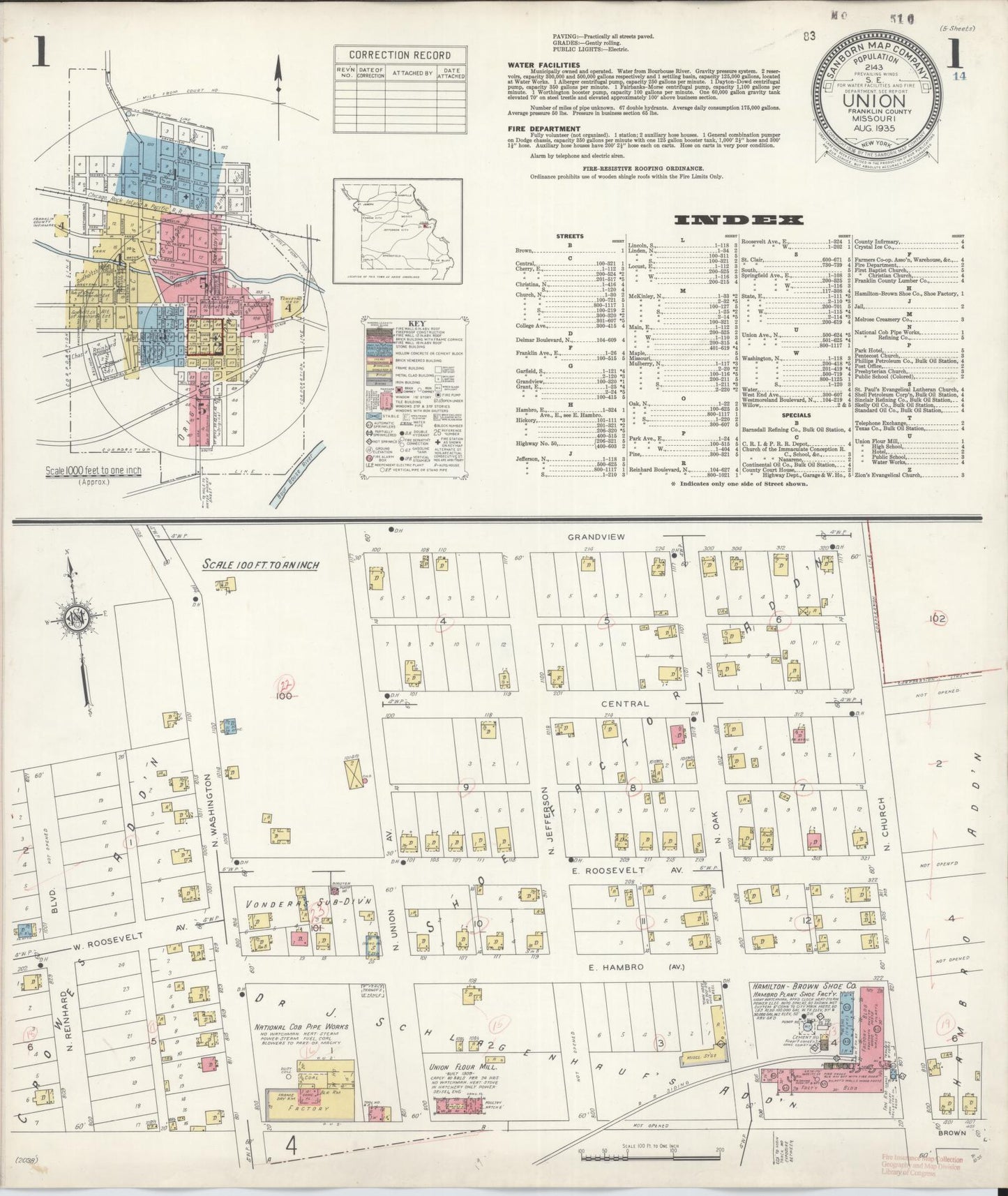 Sanborn Fire Insurance Map from Union, Franklin County, Missouri (1935), Sheet #0001 - Historic Sanborn Fire Insurance Map Print, vintage old map wall art, antique decor, genealogy gift, Missouri Missouri map