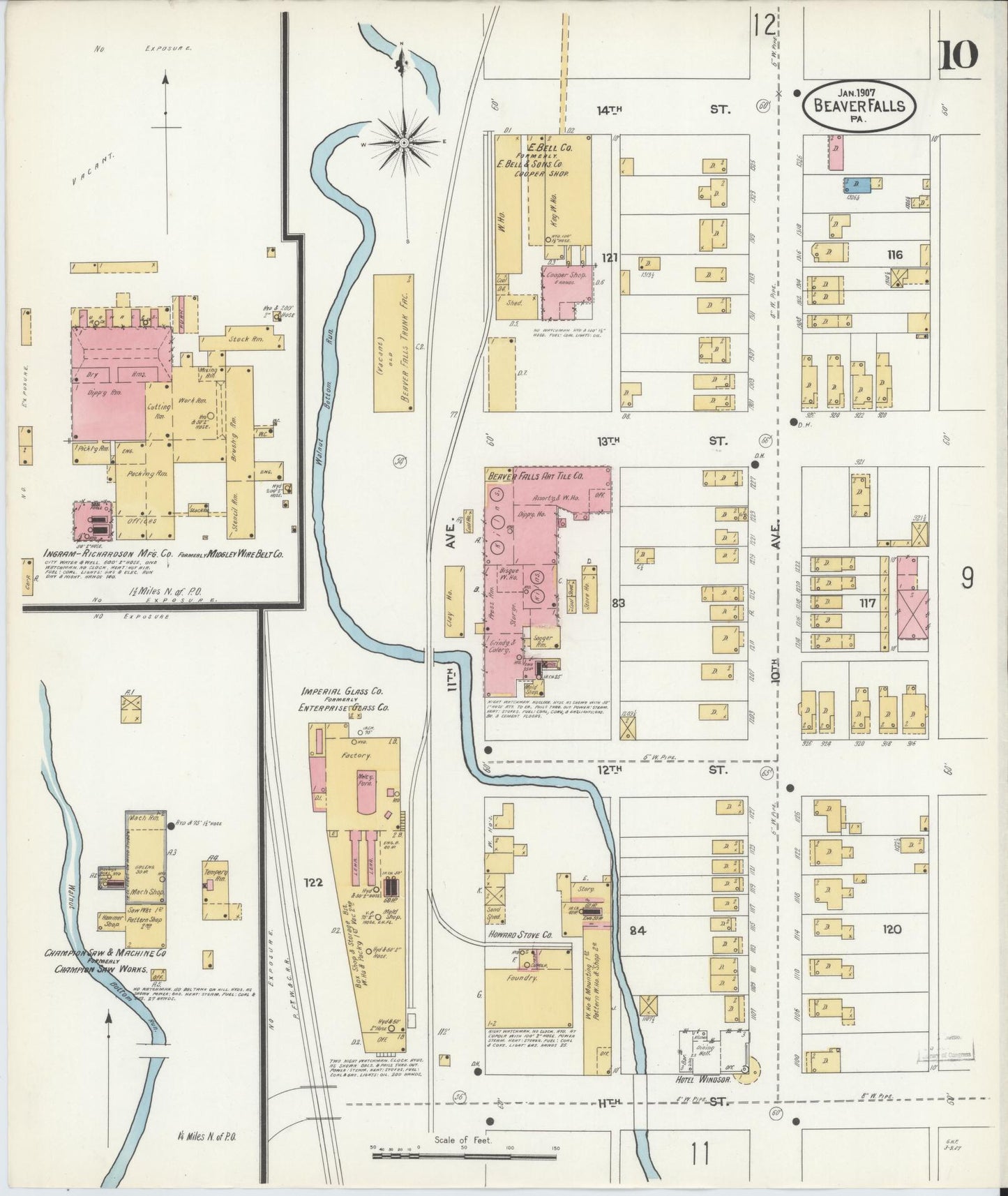 Sanborn Fire Insurance Map from Beaver Falls, Beaver County, Pennsylvania (1907), Sheet #0010 - Historic Sanborn Fire Insurance Map Print, vintage old map wall art, antique decor, genealogy gift, Pennsylvania Pennsylvania map