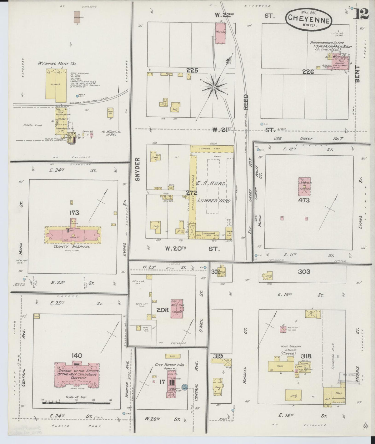 Sanborn Fire Insurance Map from Cheyenne, Laramie County, Wyoming (1890), Sheet #0012 - Complete Map Set gallery image, historic Sanborn map, vintage wall art, Wyoming Wyoming