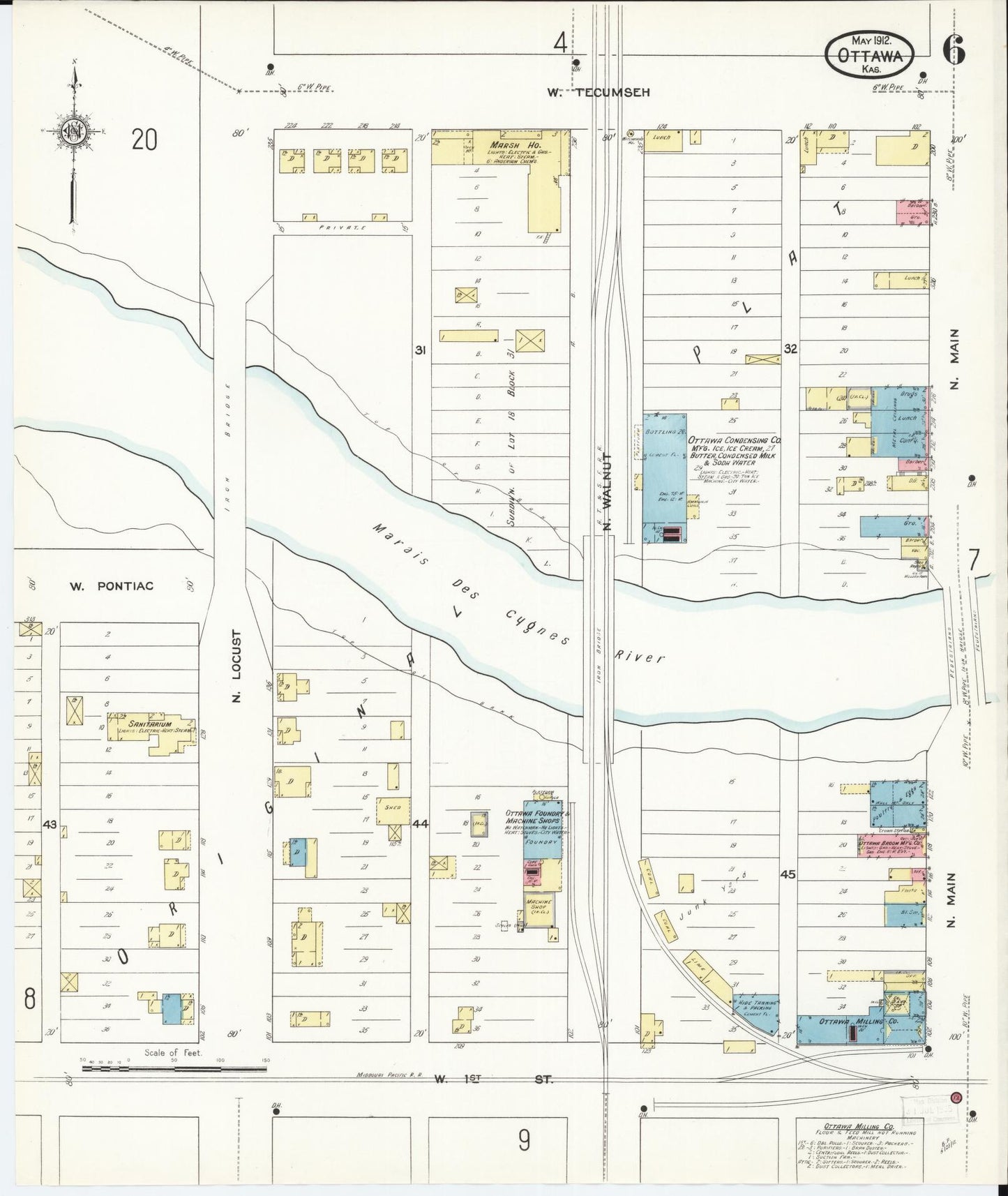 Sanborn Fire Insurance Map from Ottawa, Franklin County, Kansas (1912), Sheet #0006 - Historic Sanborn Fire Insurance Map Print, vintage old map wall art, antique decor, genealogy gift, Kansas Kansas map