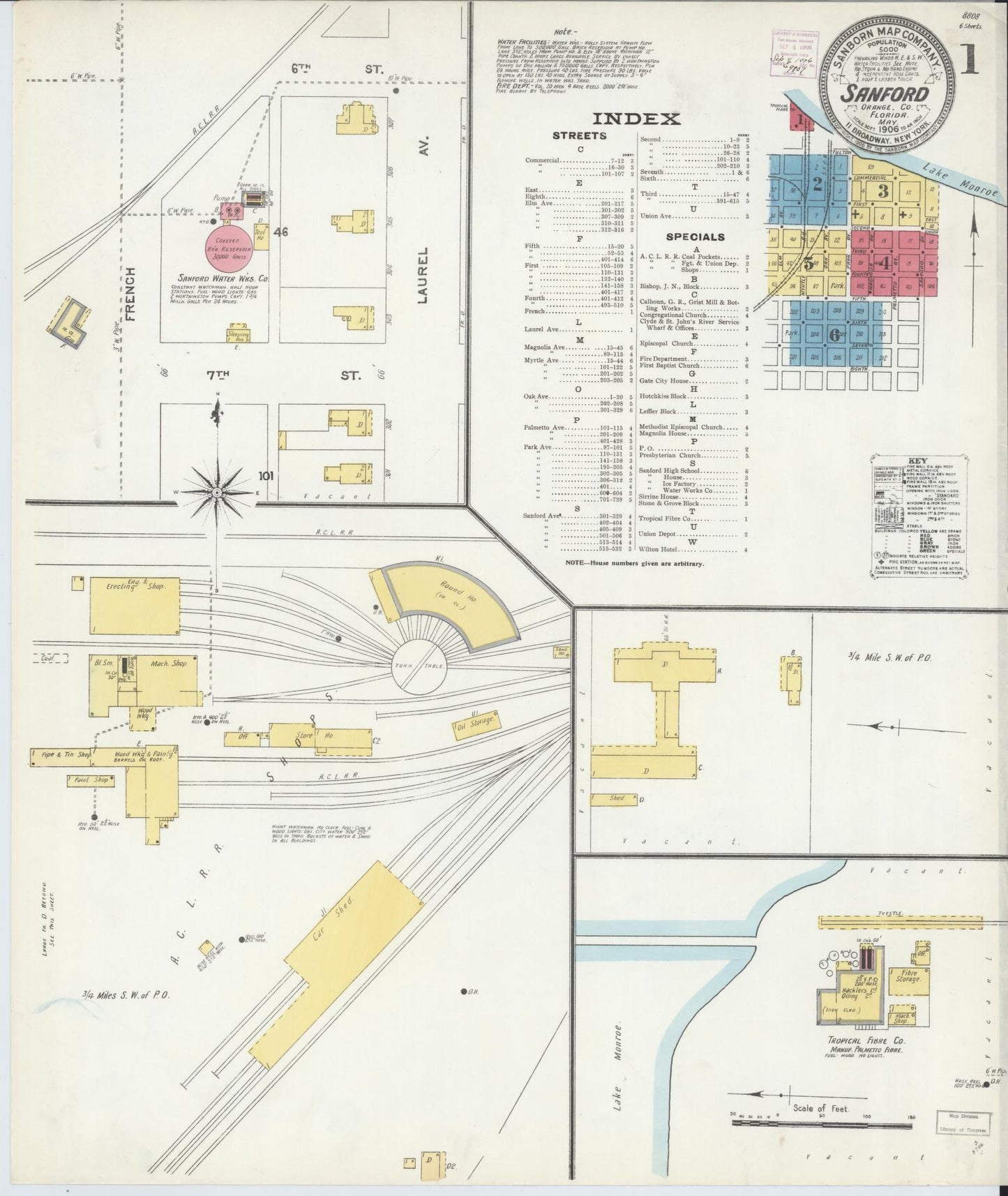 Sanborn Fire Insurance Map from Sanford, Seminole County, Florida (1906), Sheet #0001 - Historic Sanborn Fire Insurance Map Print, vintage old map wall art, antique decor, genealogy gift, Florida Florida map