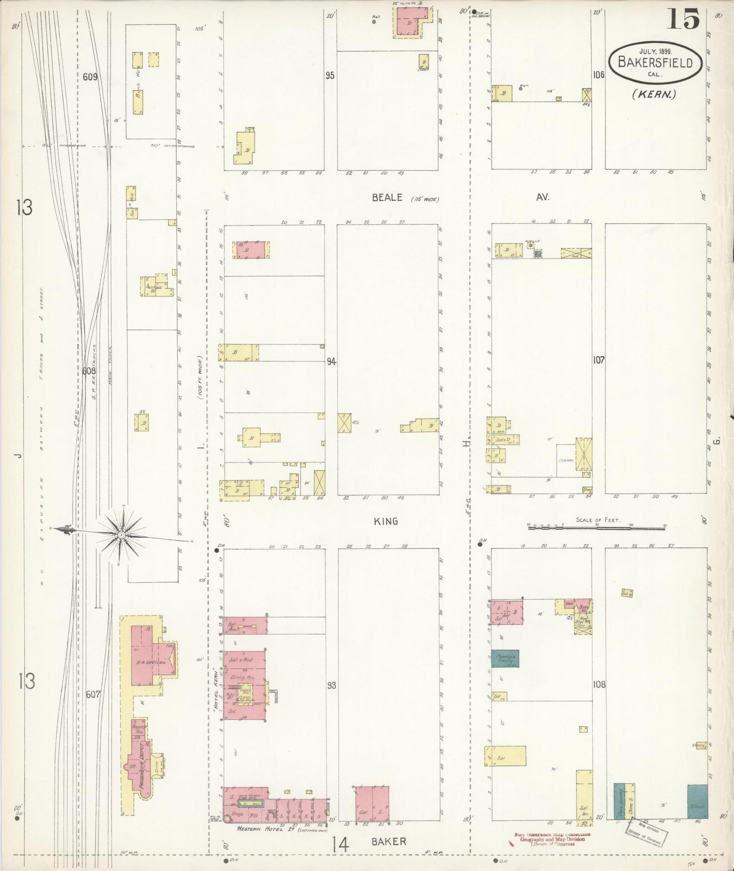 Sanborn Fire Insurance Map from Bakersfield, Kern County, California (1899), Sheet #0015 - Historic Sanborn Fire Insurance Map Print, vintage old map wall art, antique decor, genealogy gift, California California map