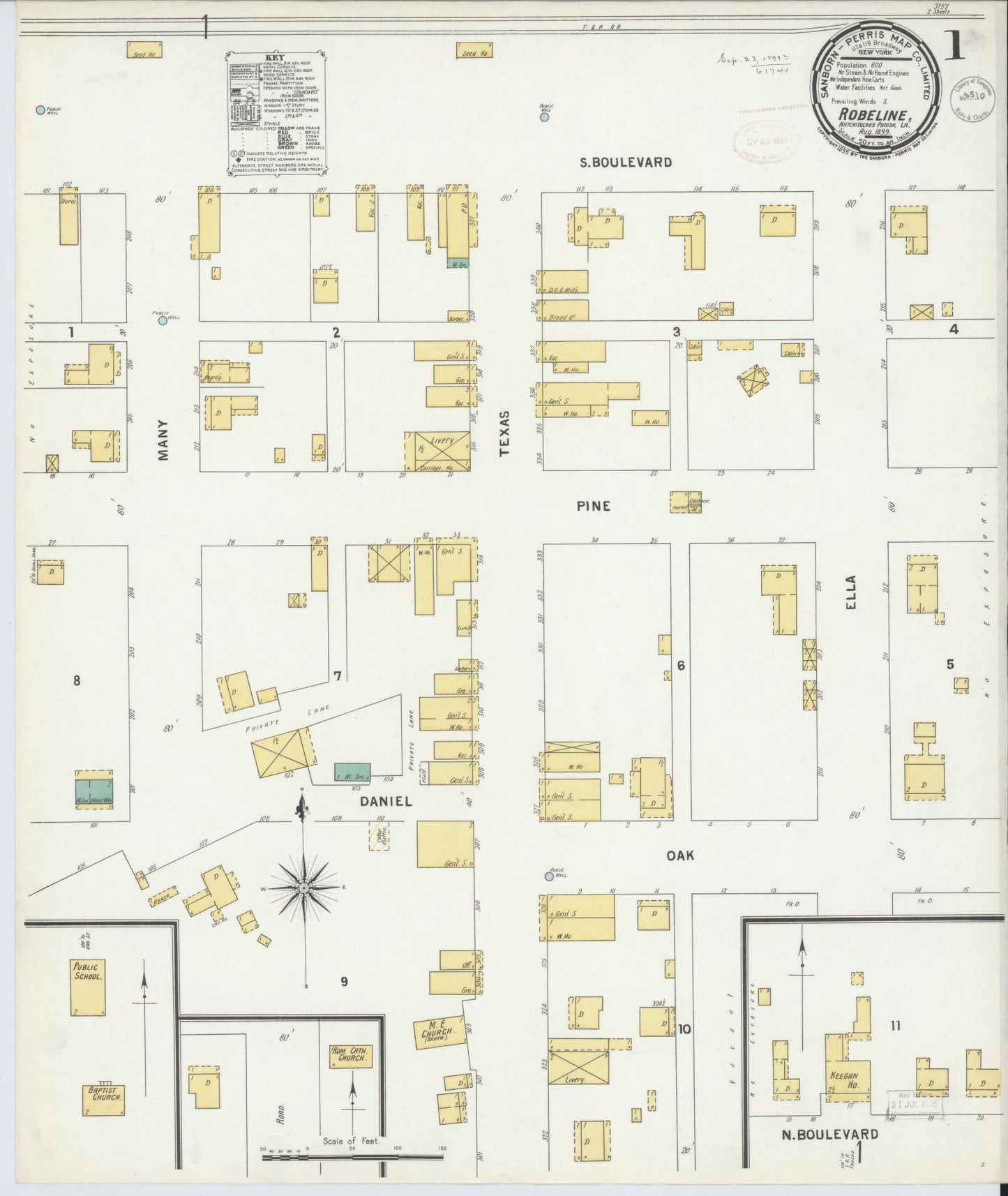 Sanborn Fire Insurance Map from Robeline, Natchitoches Parish, Louisiana (1899), Sheet #0001 - Historic Sanborn Fire Insurance Map Print, vintage old map wall art, antique decor, genealogy gift, Louisiana Louisiana map
