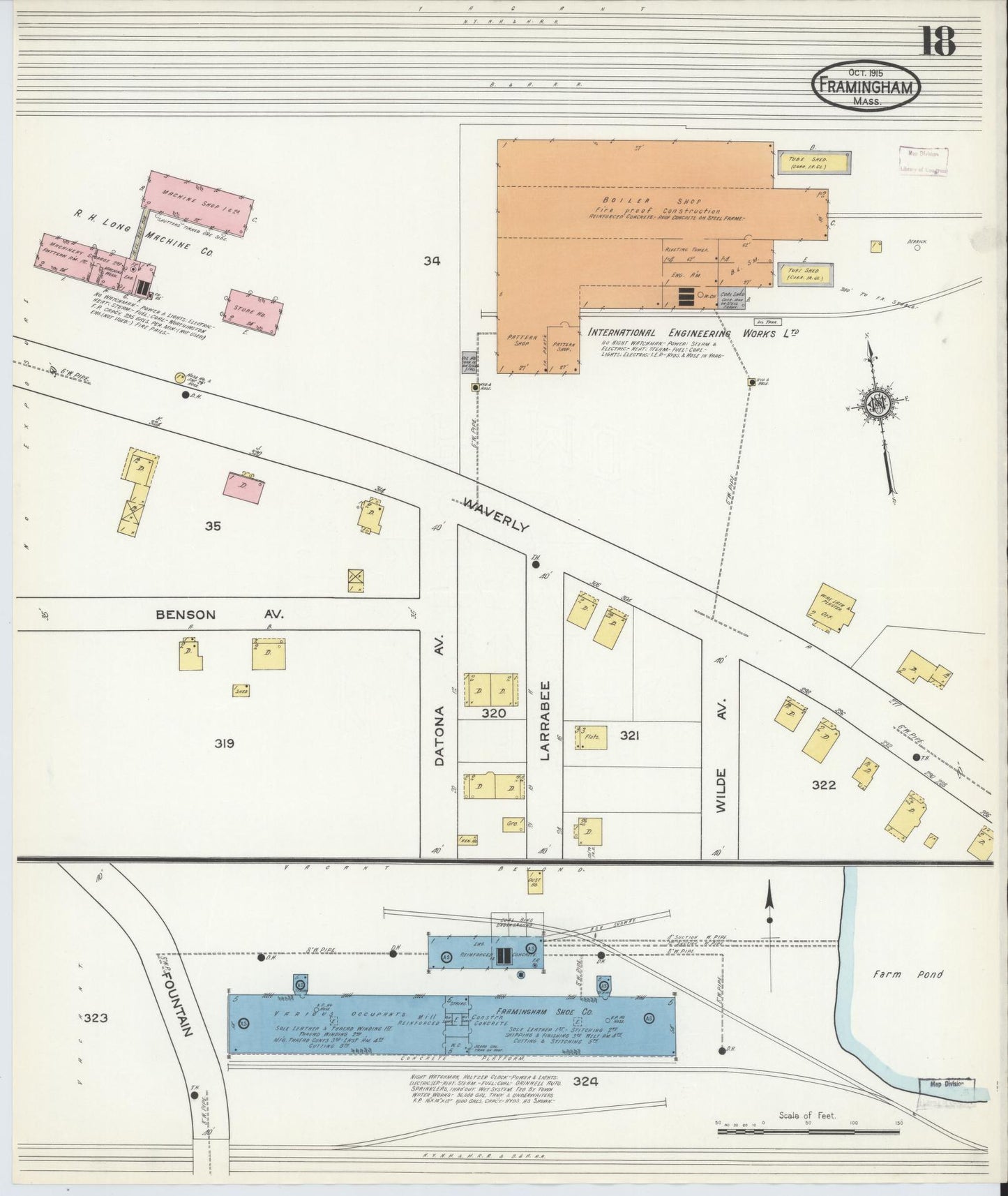Sanborn Fire Insurance Map from Framingham, Middlesex County, Massachusetts (1915), Sheet #0018 - Historic Sanborn Fire Insurance Map Print, vintage old map wall art, antique decor, genealogy gift, Massachusetts Massachusetts map