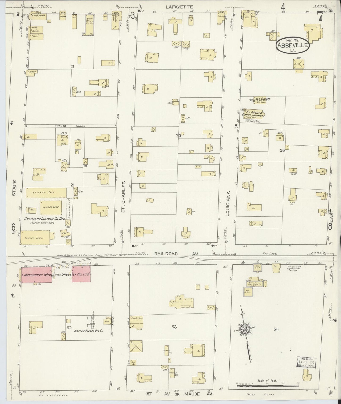 Sanborn Fire Insurance Map from Abbeville, Vermilion Parish, Louisiana (1912), Sheet #0007 - Historic Sanborn Fire Insurance Map Print, vintage old map wall art, antique decor, genealogy gift, Louisiana Louisiana map