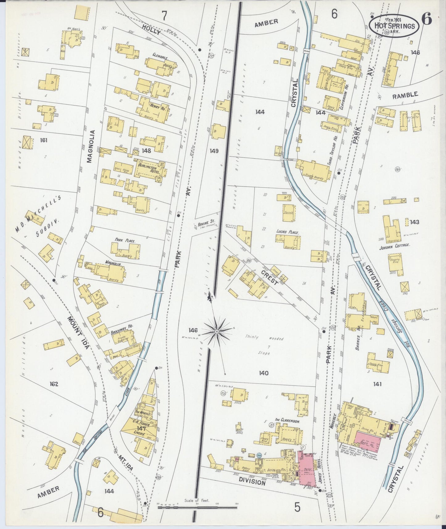 Sanborn Fire Insurance Map from Hot Springs, Garland County, Arkansas (1901), Sheet #0006 - Historic Sanborn Fire Insurance Map Print, vintage old map wall art, antique decor, genealogy gift, Arkansas Arkansas map